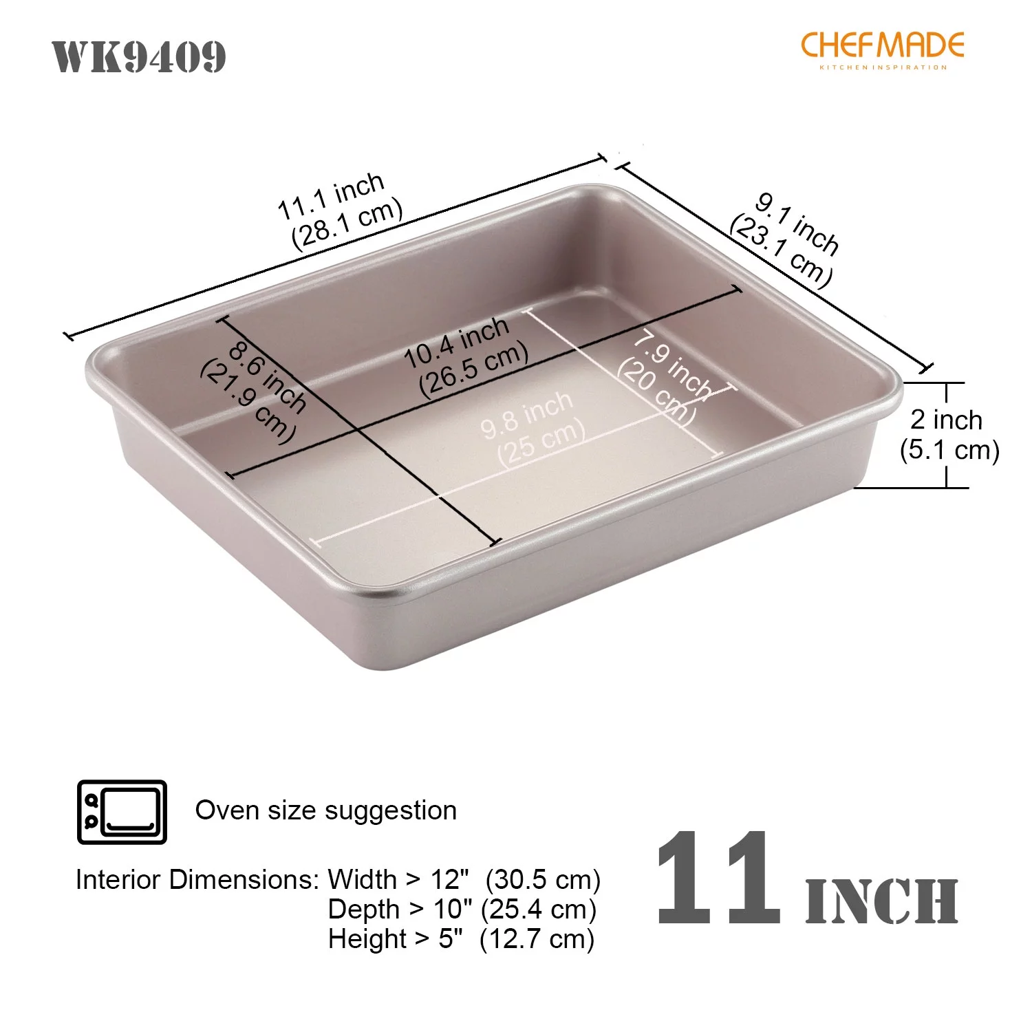 CHEFMADE 11-Inch Rectangle Cake Pan, Non-Stick Loaf Pan Deep Dish Bakeware for Oven Roasting Meat Bread Jelly Roll Battenberg Pizzas Pastries 9.1
