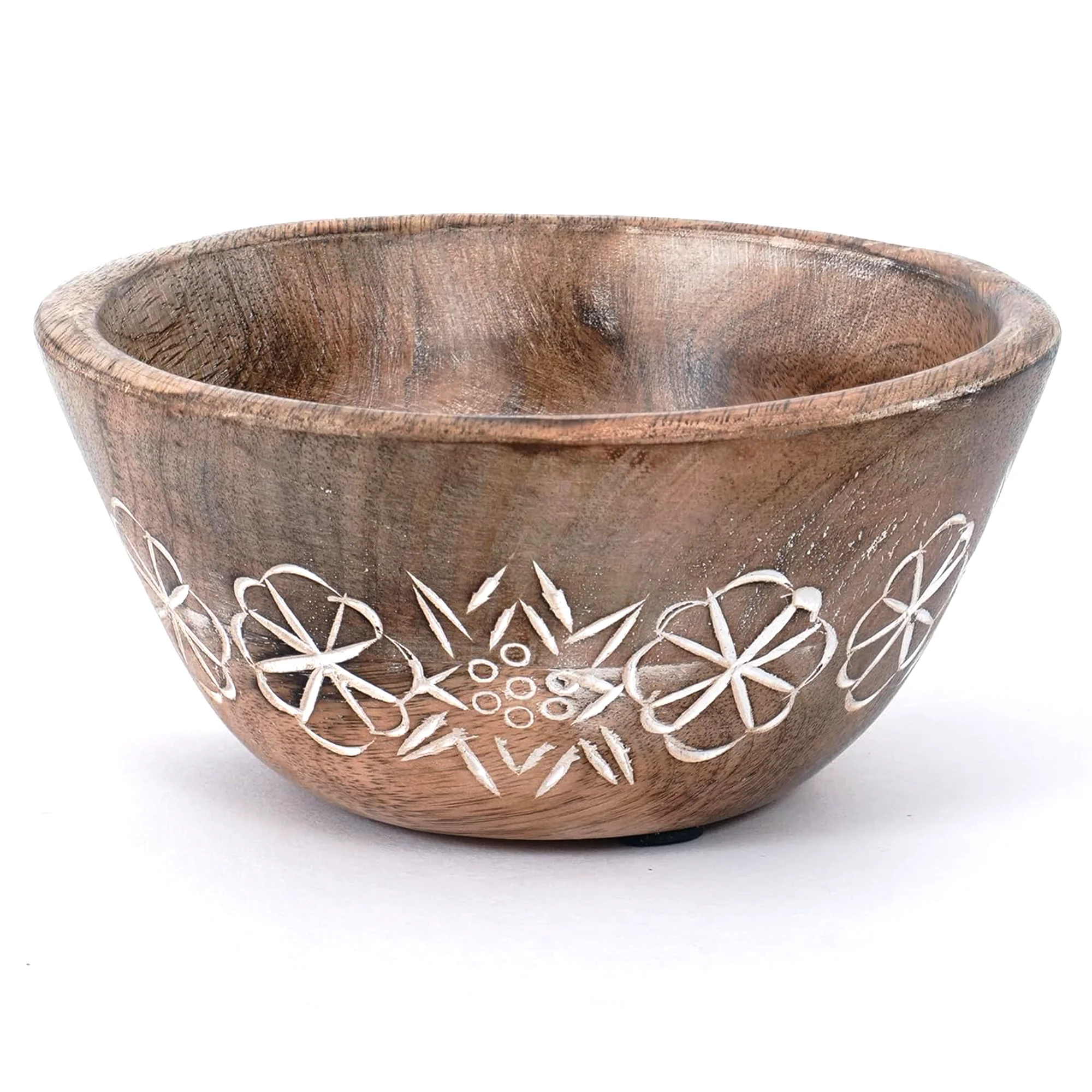 Mela Artisans Hand Carved Small Wooden Serving Bowl - Natural Over White, 6