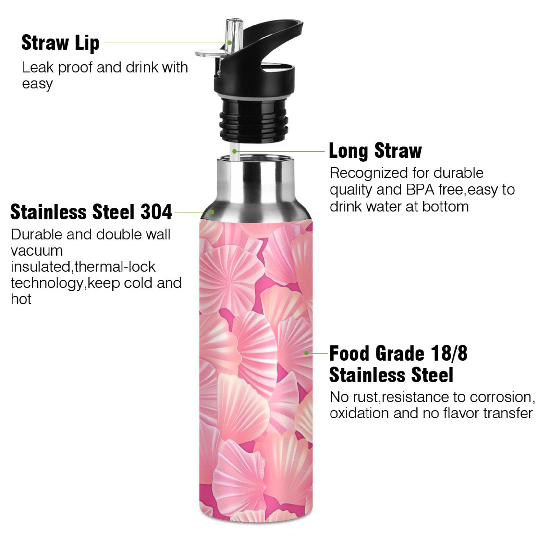 Seashells Pink Water Bottles Insulated Thermos Kids Stainless Steel Bottle with Straw Lid Flask Leakproof for Sports Gym 20 oz