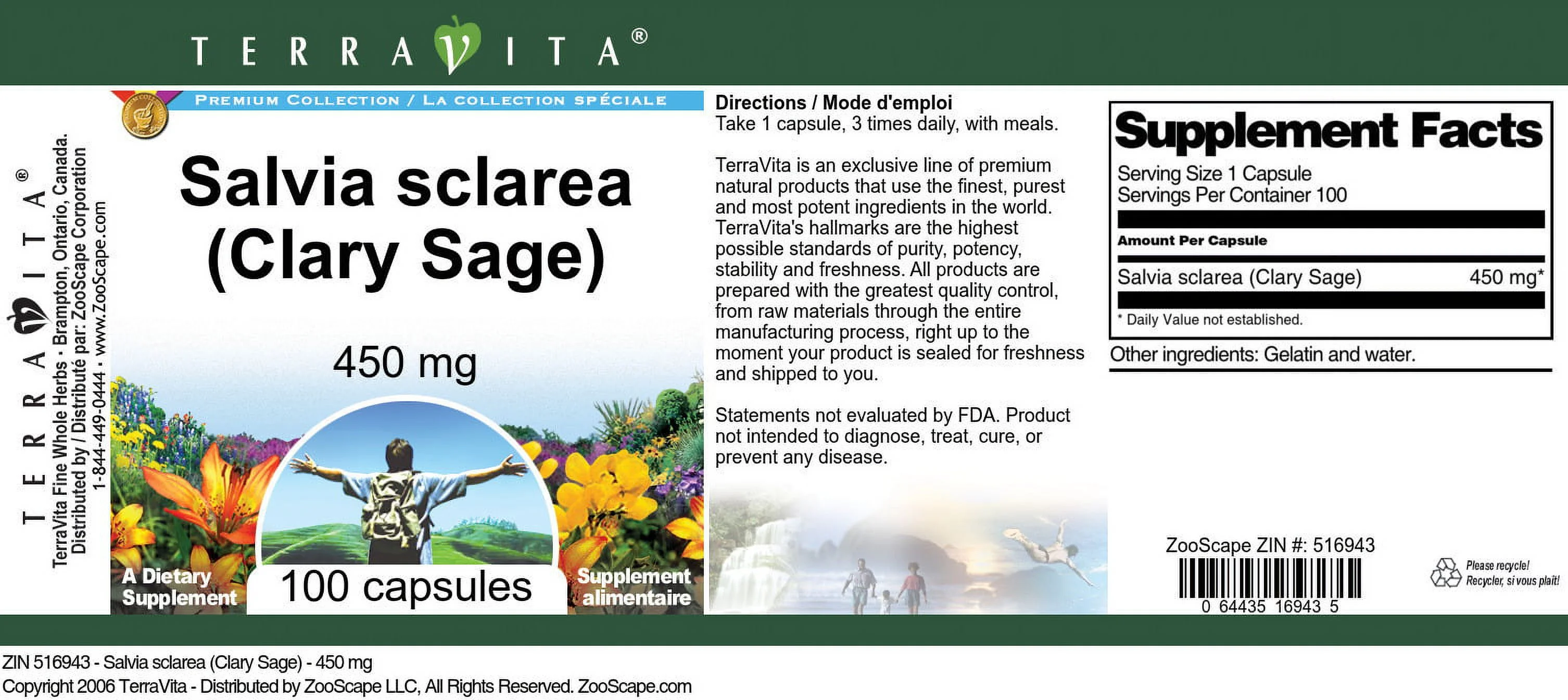 TerraVita Salvia sclarea (Clary Sage) - 450 mg, (100 Capsules, 1-Pack, Zin: 516943)