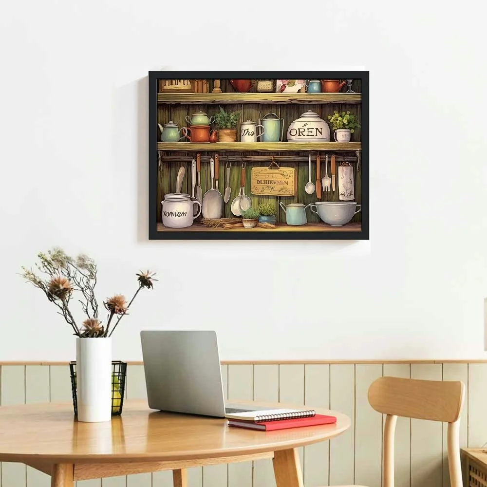 C04-GENYS Rustic Kitchen Wall Art Farmhouse Kitchen Pictures Wall Decor Tableware Motivational Canvas Painting Farm Kitchen Sign Framed Artwork for Kitchen Dining Room