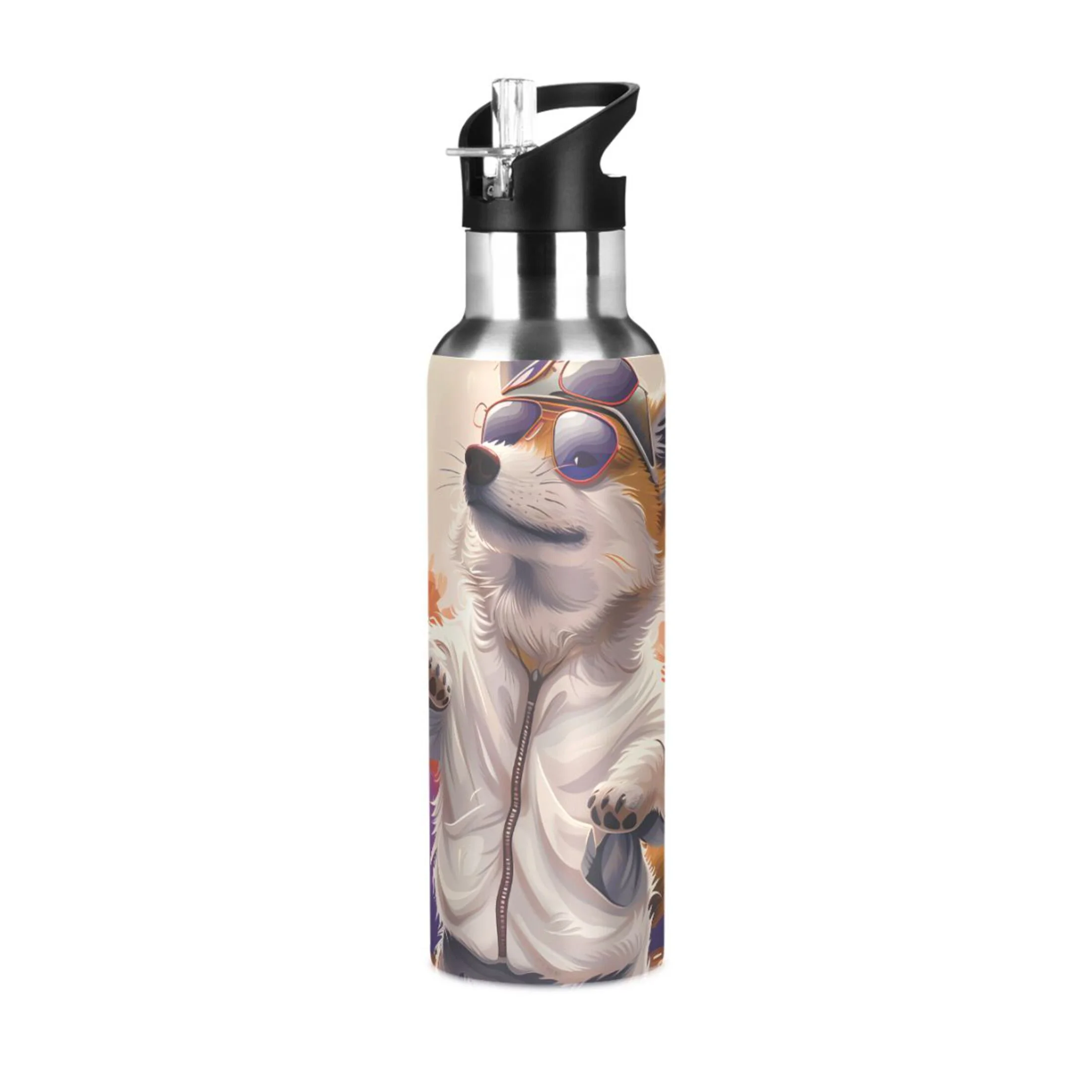 Dog and Sunglasses in Flowers Water Bottles Insulated Thermos Kids Stainless Steel Bottle with Straw Lid Flask Leakproof for Sports Gym 20 oz