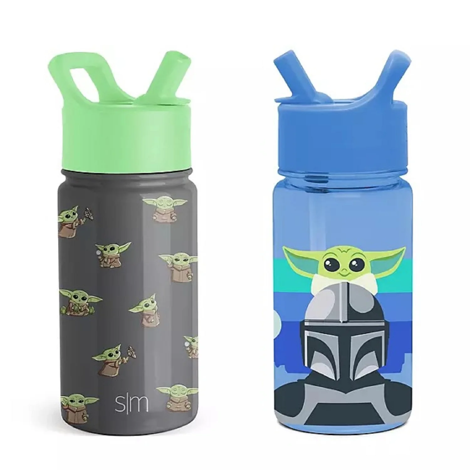 Simple Modern Kids Disney Water Bottle 2-Pack Set, 16-oz. Break Resistant Plastic & 14-oz. Stainless Steel with Straw Lid - Mandalorian