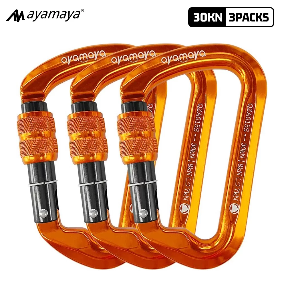 3PACK AYAMAYA Climbing Carabiner, Aluminum D Ring Locking Clip Hook, Screw Locking Screwgate Carabiners,Screw Lock Hook for Traveling Camping (Orange)