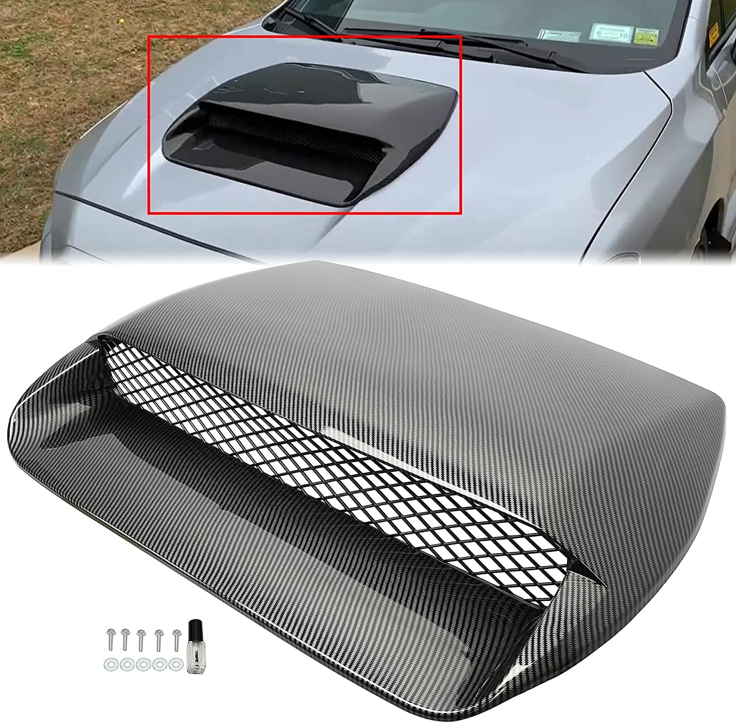ECOTRIC Front Hood Bonnet Air Intake Scoop Cover W/Mesh Grille for 2015-2021 Subaru WRX/WRX STI Carbon Fiber Style
