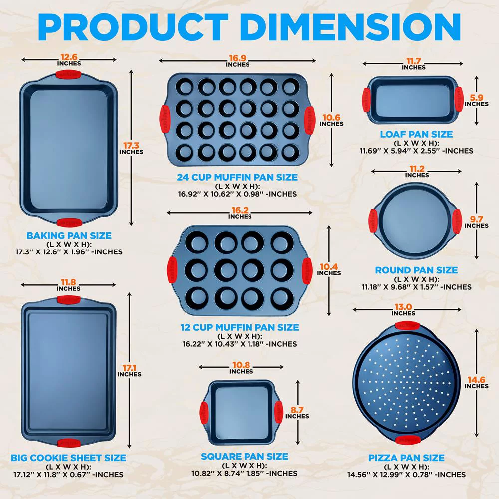 NutriChef 10-Piece Nonstick Bakeware Set Carbon Steel Baking Trays w/ Heat safe Silicone Handles