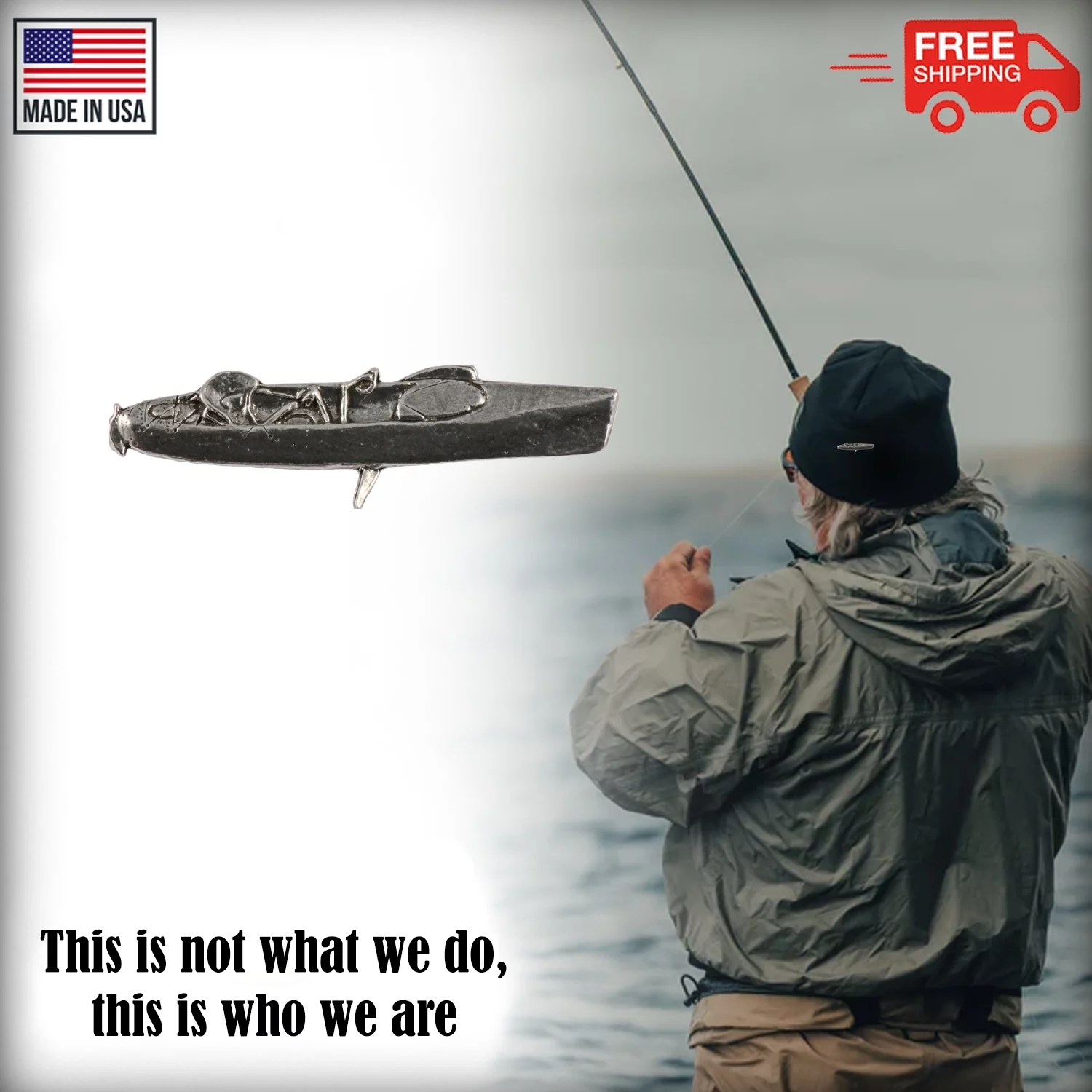 Hobie Fishing Kayak, Pewter, Hat, Lapel, Brooch, Pin, Pins, Made in USA, Over 50 Boating, Fishing Designs Available, Creative Pewter Designs. A018