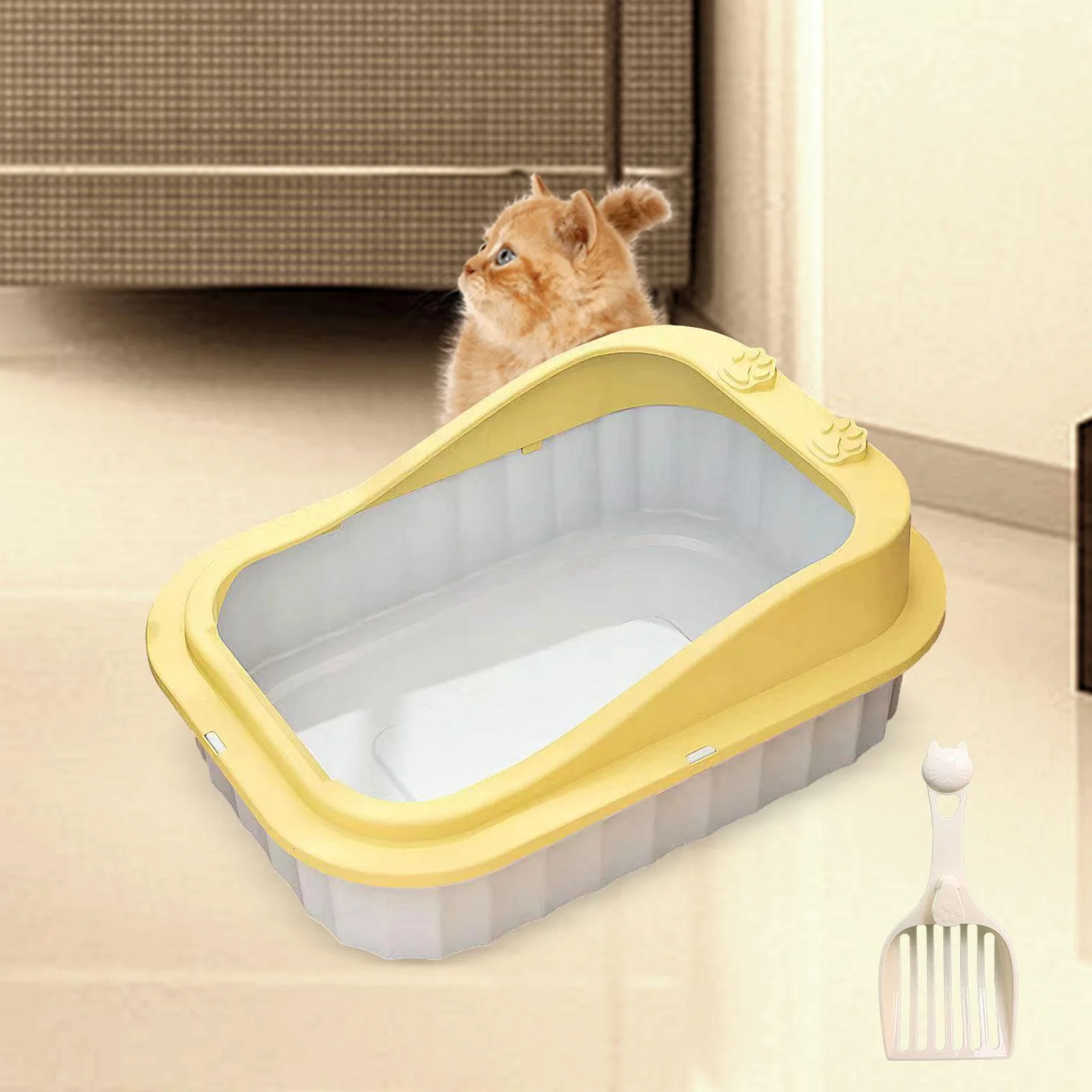 FITYLE Cat Kitty Litter Pan Durable Cat Litter Basin Cat Sand Box Splashproof Cartoon Appearance 50x36x19cm Kitten Toilet yellow