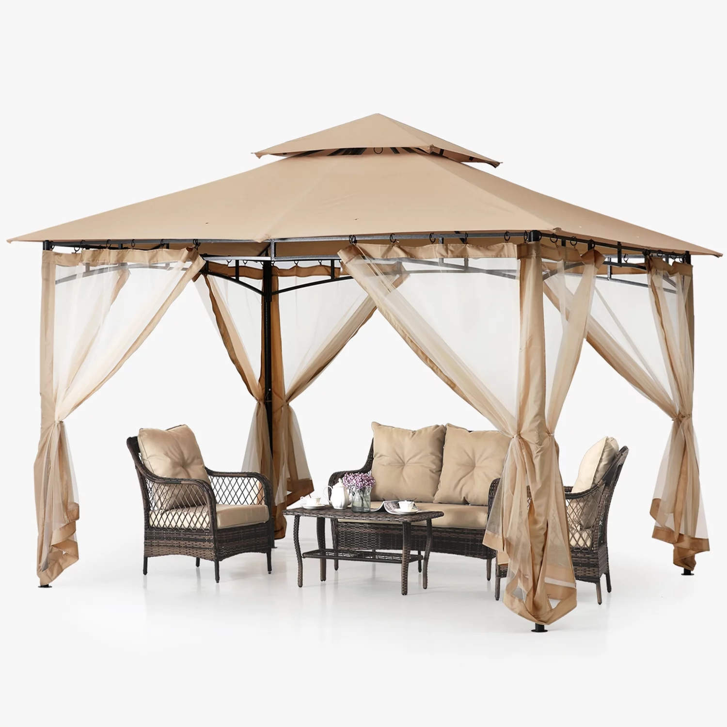 ABCCANOPY Sturdy Patio Gazebo 10 Ft x 12 Ft with Mosquito Netting,Khaki