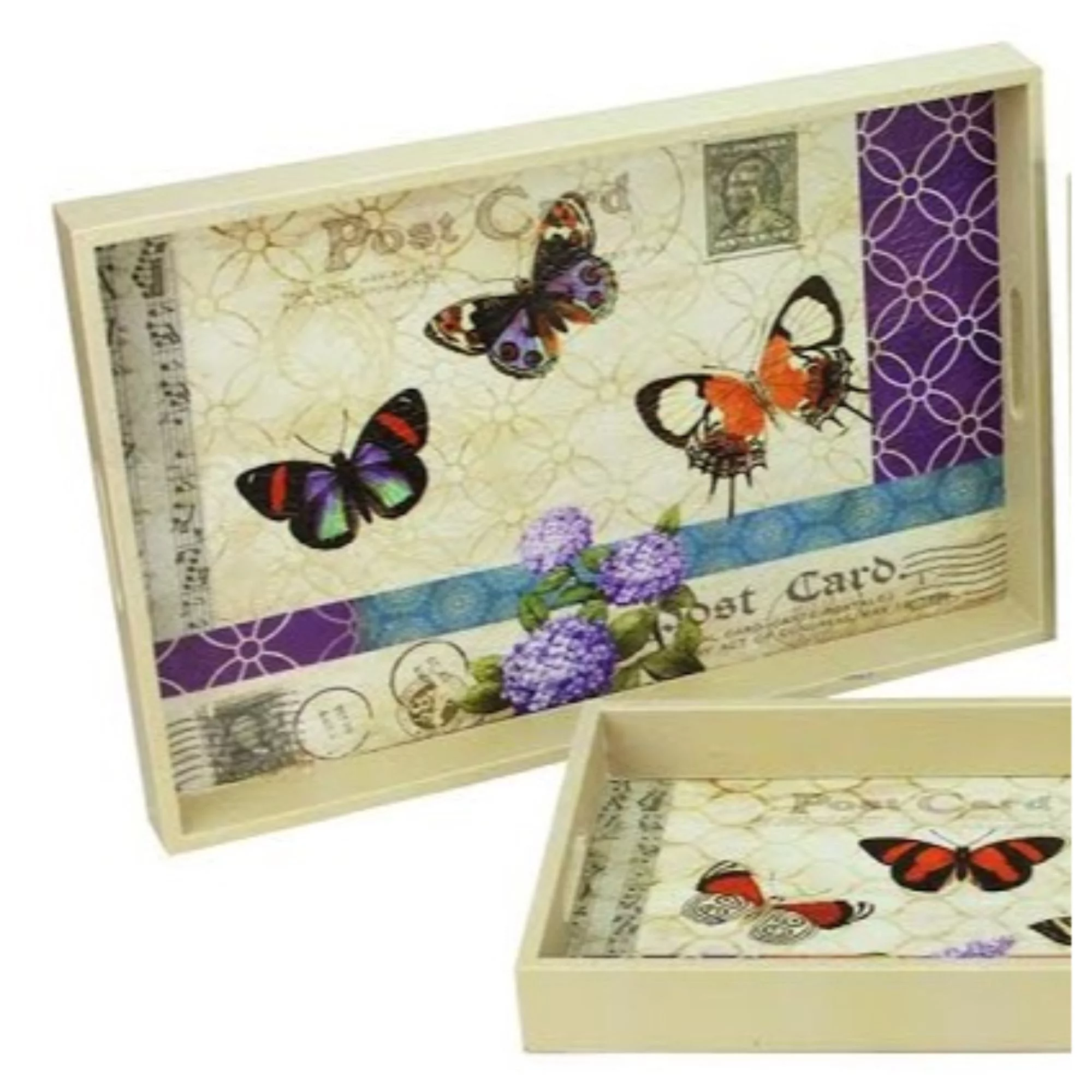 Set of 3 Ivory and Purple Butterflies Rectangular Serving Trays 19