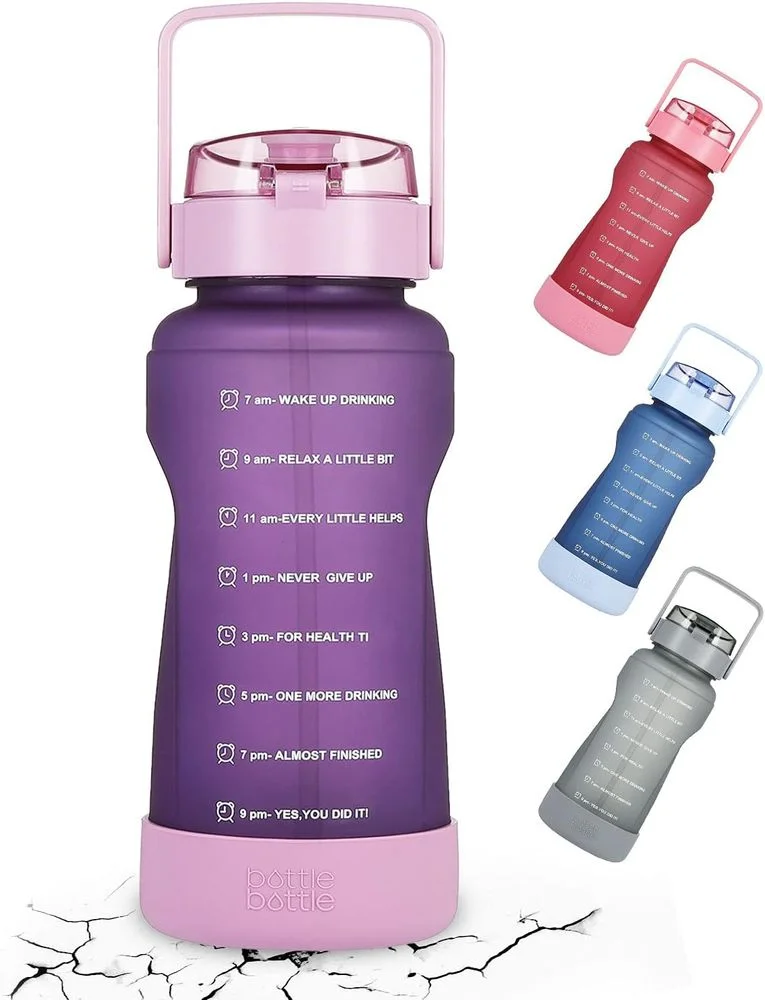 Half Gallon Water Bottle with Time Marker and Straw Workout Leak-proof Water Bottle for Adults and Kids 64oz Water Chug Jug with Protective Silicone Boot (Purple)