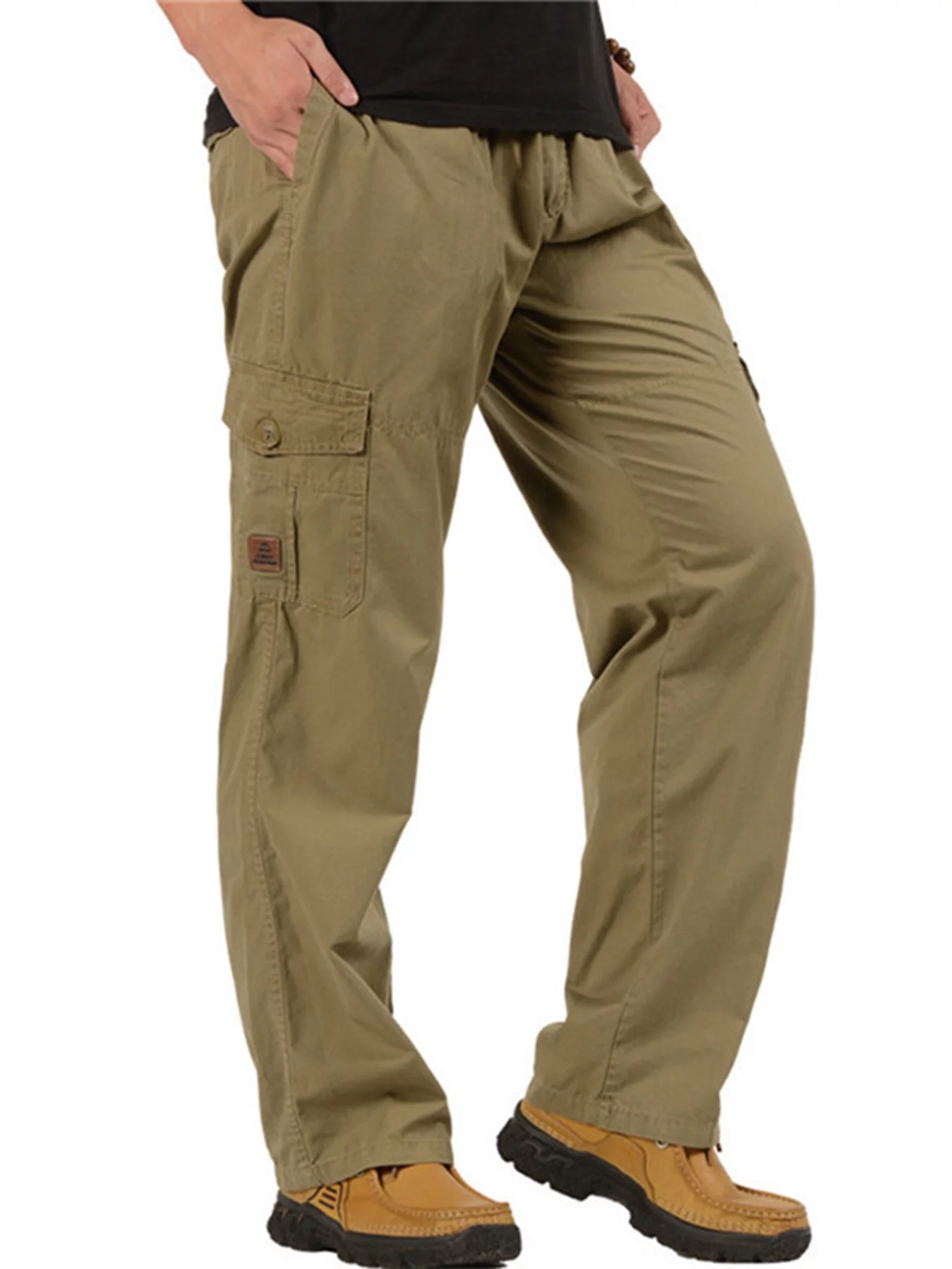 Awoscut Mens Loose Cargo Pants Casual Elastic Waist Solid Color Straight Leg Work Pants