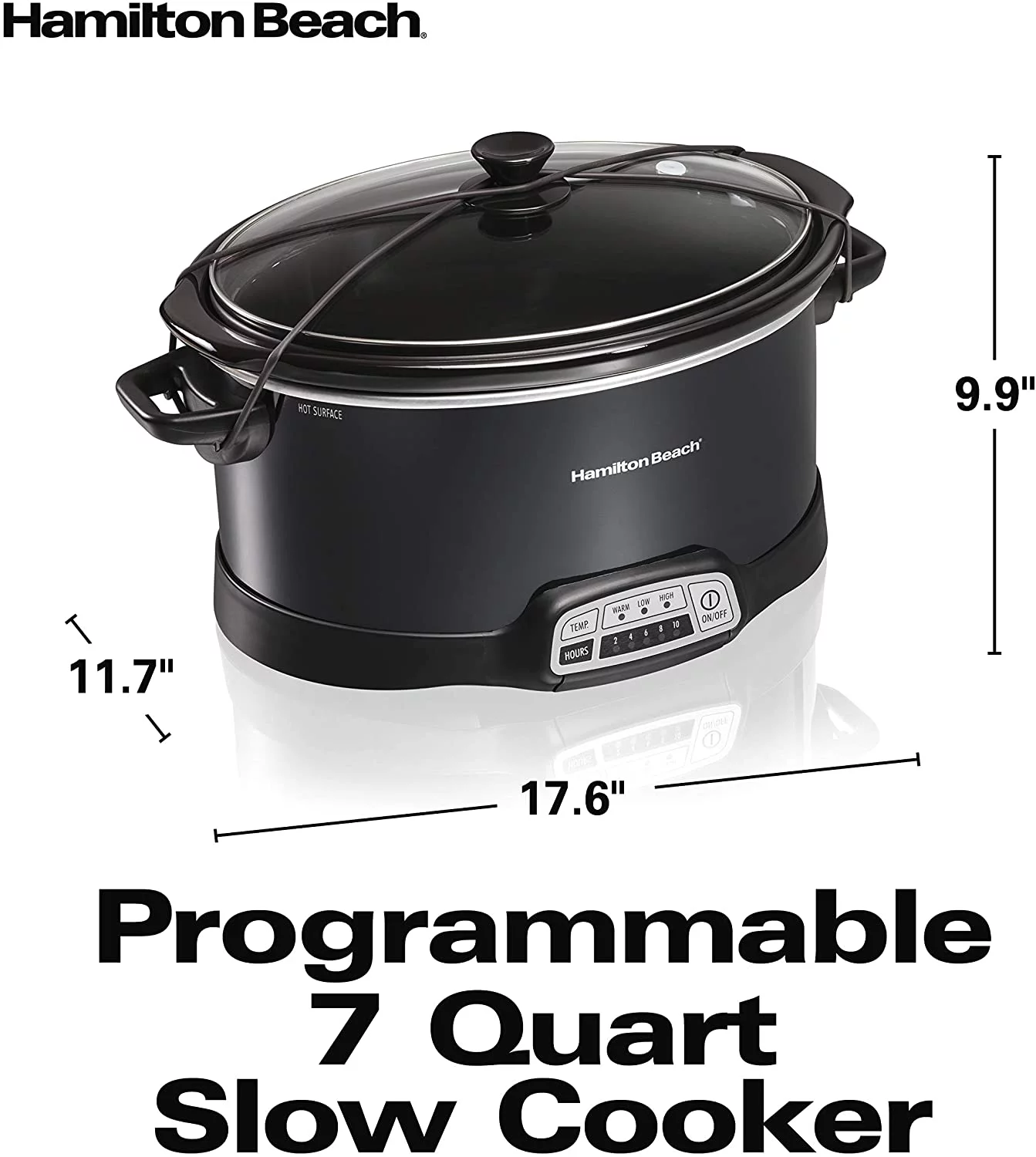 Hamilton Beach Portable 7-Quart Programmable Slow Cooker With Lid Latch Strap for Easy Transport, Dishwasher-Safe Crock, Black (33474)