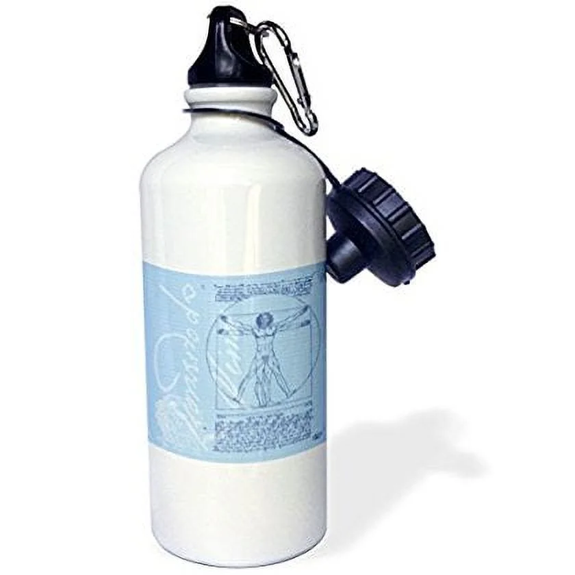 3dRose wb_219240_1 'Leonardo Da Vinci Vitruvian Man Design In Blue & White Sports' Water Bottle, 21 oz, Natural