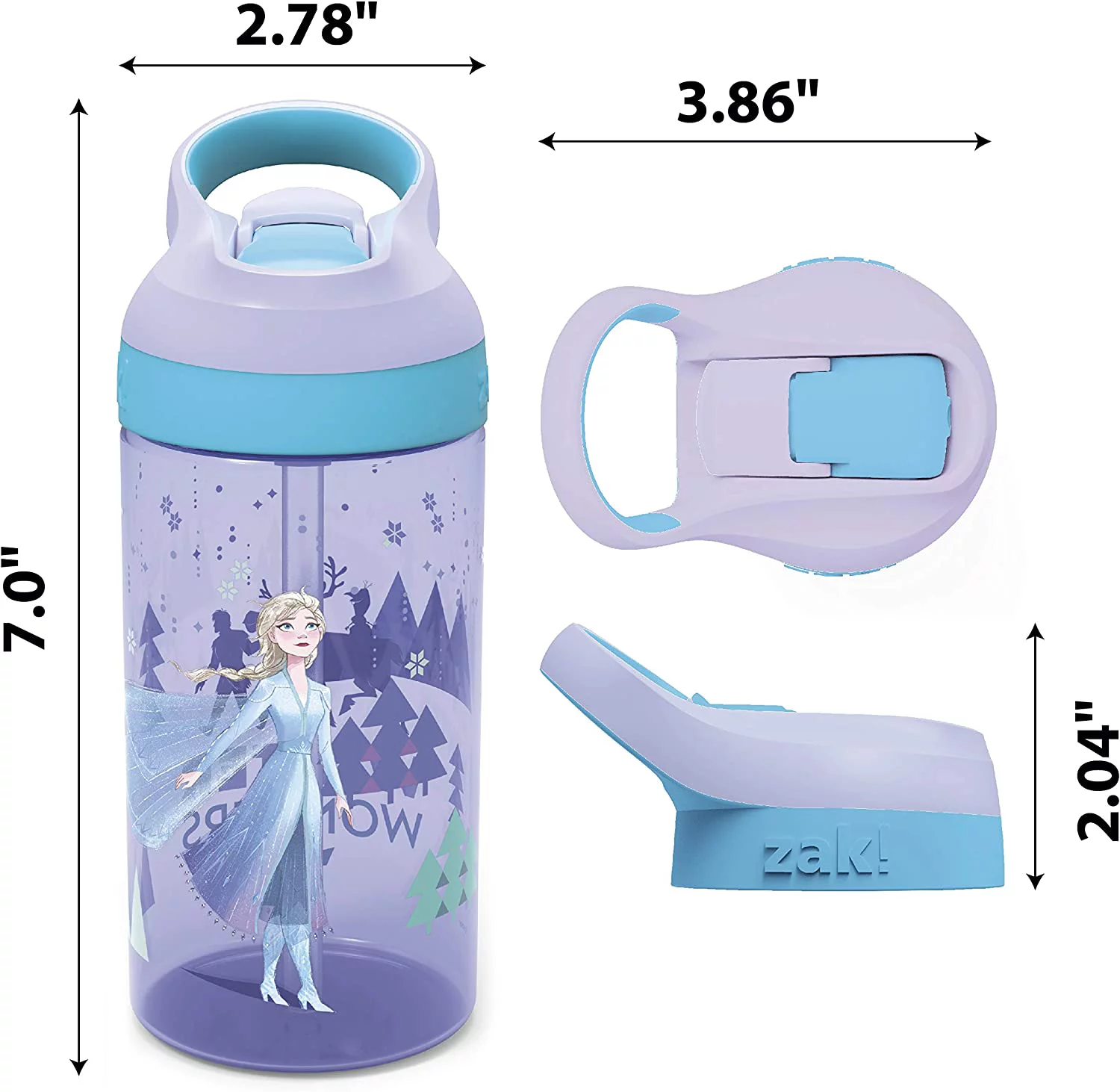 Zak Designs Disney Frozen 2 Kids Straw and Built in Carrying Loop Made of Durable Plastic, Leak-Proof Water Bottle Design, 16 oz, Elsa, FRZH-T383