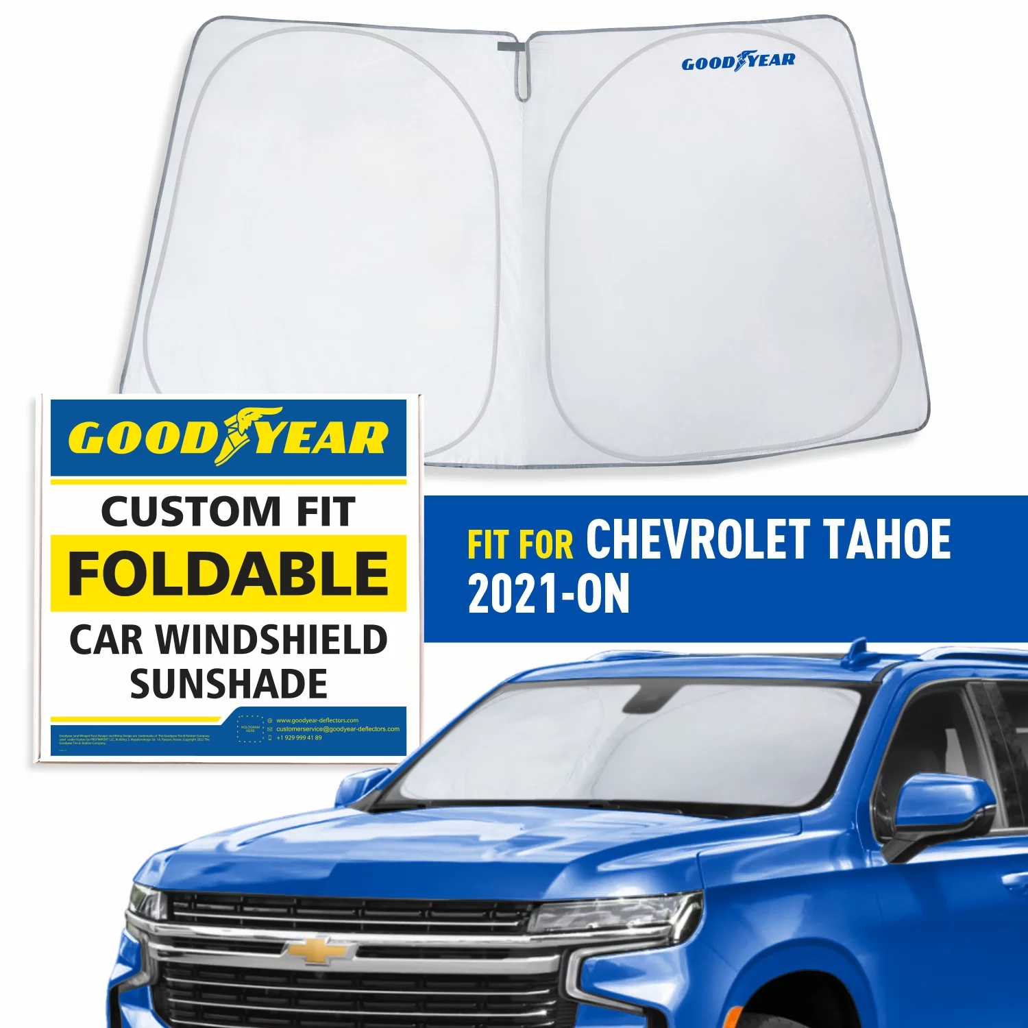Goodyear Foldable Windshield Sun Shade for Chevrolet (Chevy) Tahoe 2021-2024, Custom-Fit Car Windshield Cover, Car Sunshade, Vehicle Sun Protector,Auto Car Window Shades for Front Window - GY008221