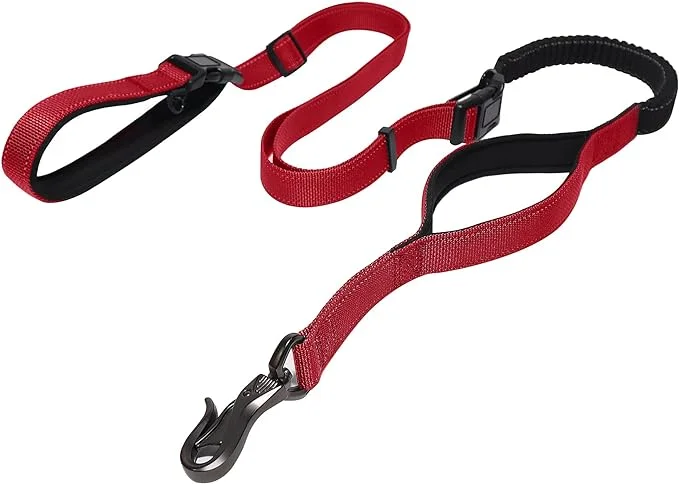 LOS ANDES Heavy Duty Dog Leash, 5-8 FT Walking Leash, Traffic Handle Extra Control, Shock Absorbing Bungee Leash with Car Seat Belt Buckle, Reflective Dog Lead for Medium and Large Dogs, Red