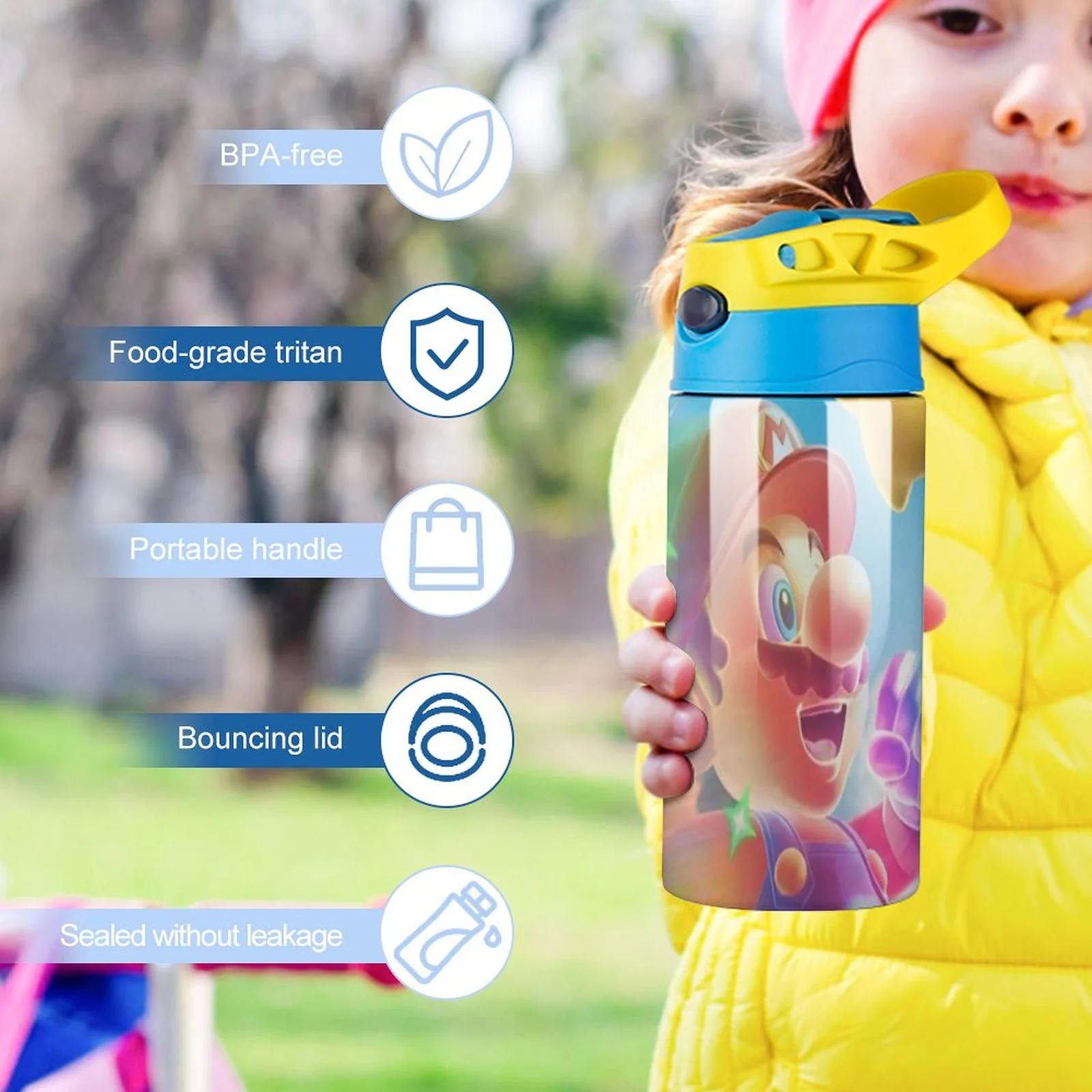 Mario Game Kid's Insulated Water Bottle With Straw Vacuum Stainless Steel Cup Leak-Proof Children Toddler Thermoses