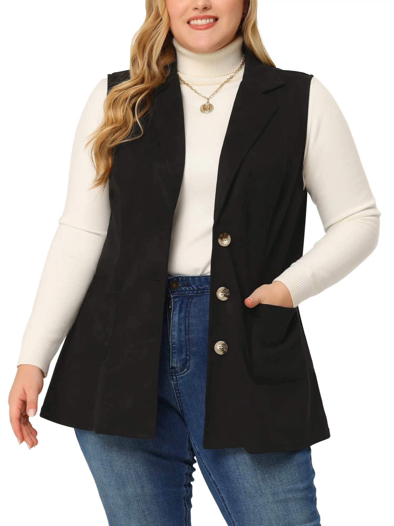Unique Bargains Women's Plus Size Vests Long Sleeveless Casual Lapel Suede Vest