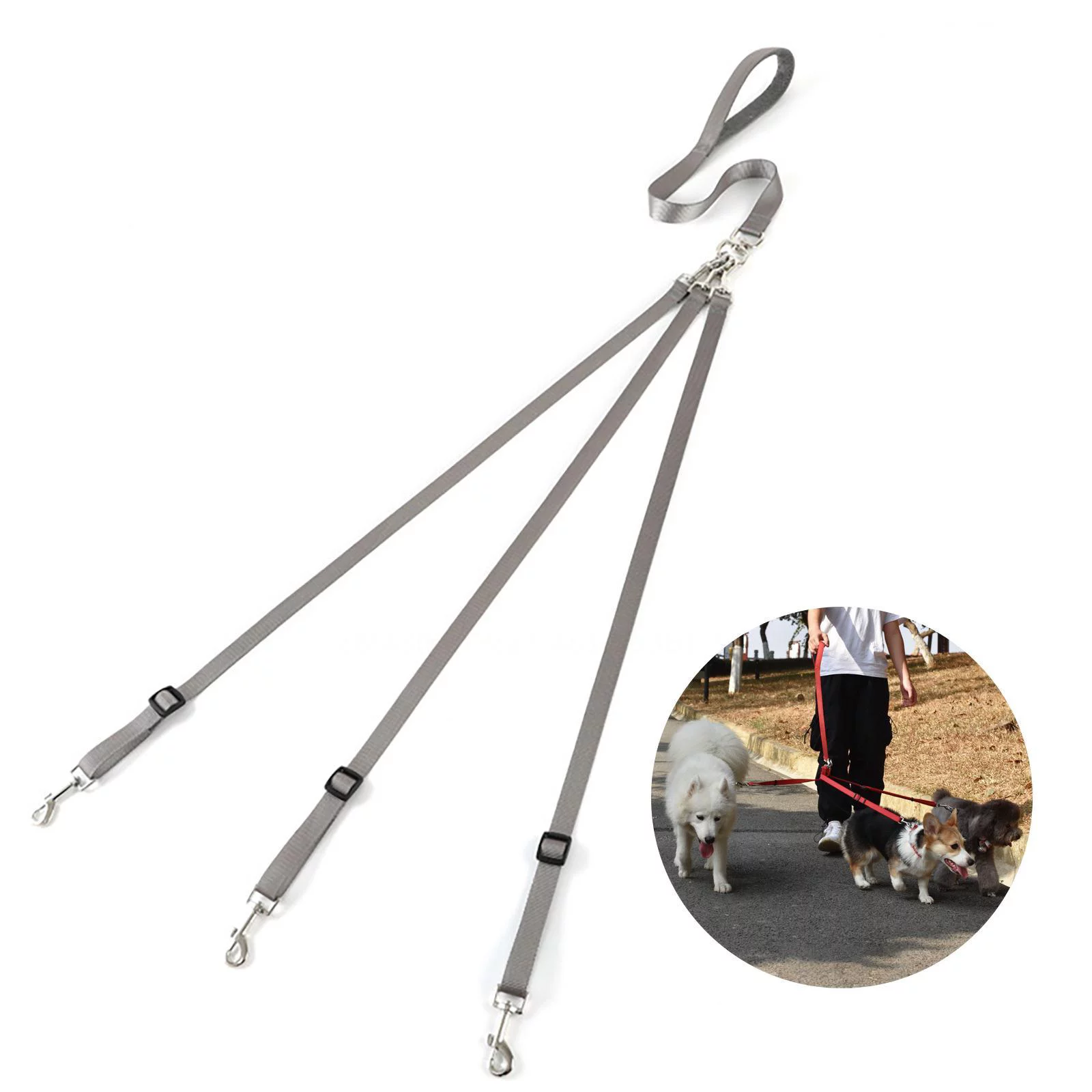 Gespout 3 in 1 Durable Nylon Dog Leash with Padded Handle, Three- Way Pet Leash with a Coupler, Adjustable and Detachable, Gray 1PCS