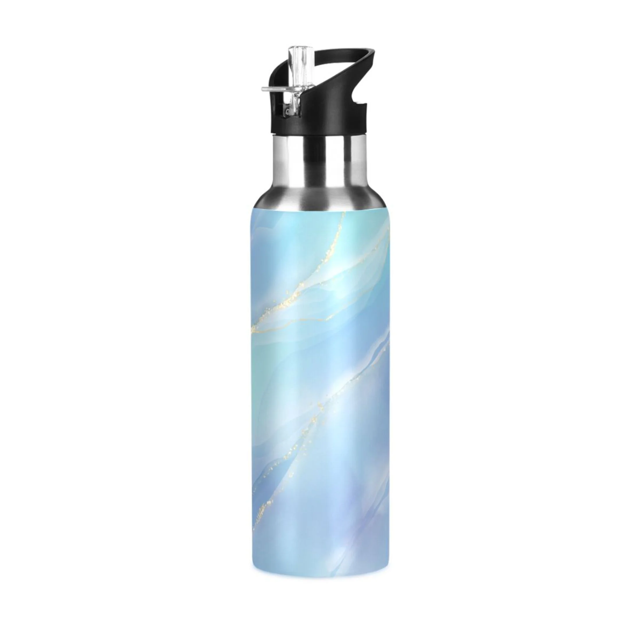 Stainless Steel Water Bottle Gradient Blue Marble with Straw Lid Vacuum Insulated Leak Proof Flask Jug for Gym Travel Sports Cycling Outdoor 20 OZ