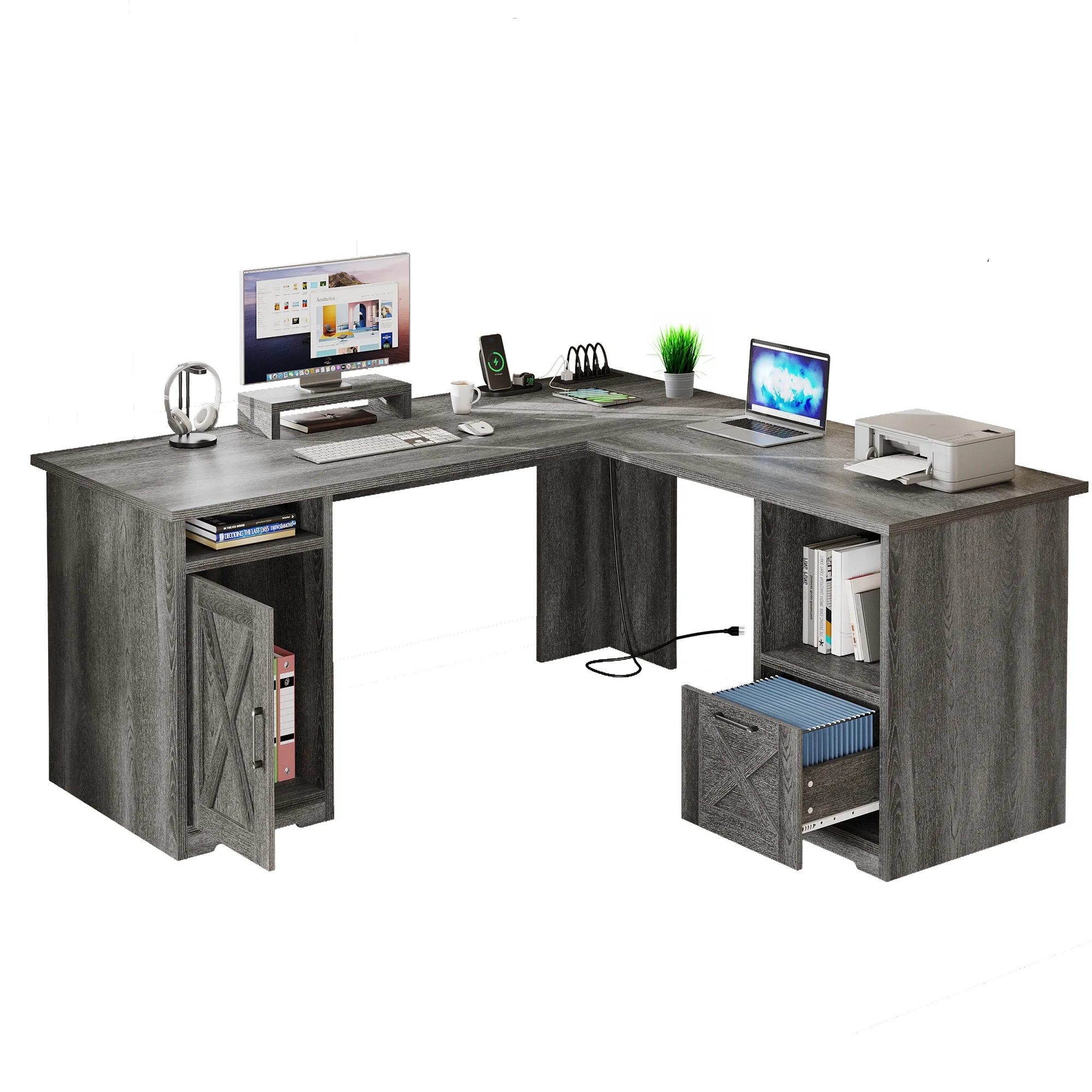 Dextrus 59 Inch L-Shaped Desk with Power Outlet & USB Ports, Office Desk with File Cabinets, Large Computer Desk with Drawers, 2 Person Corner Desk Writing Desk with Storage Shelves, Gray