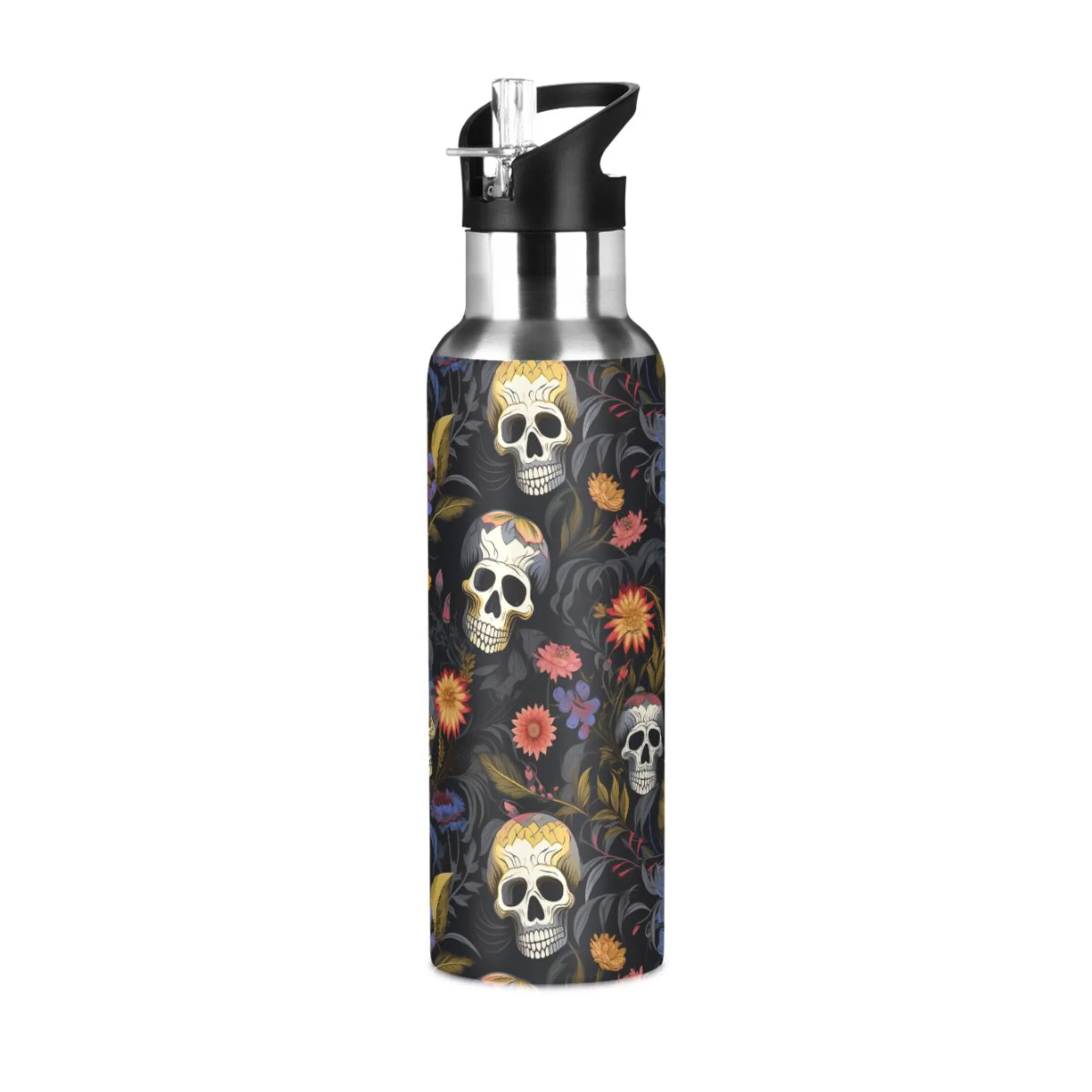 Skeletons Floral Water Bottles Insulated Thermos Kids Stainless Steel Bottle with Straw Lid Flask Leakproof for Sports Gym 20 oz
