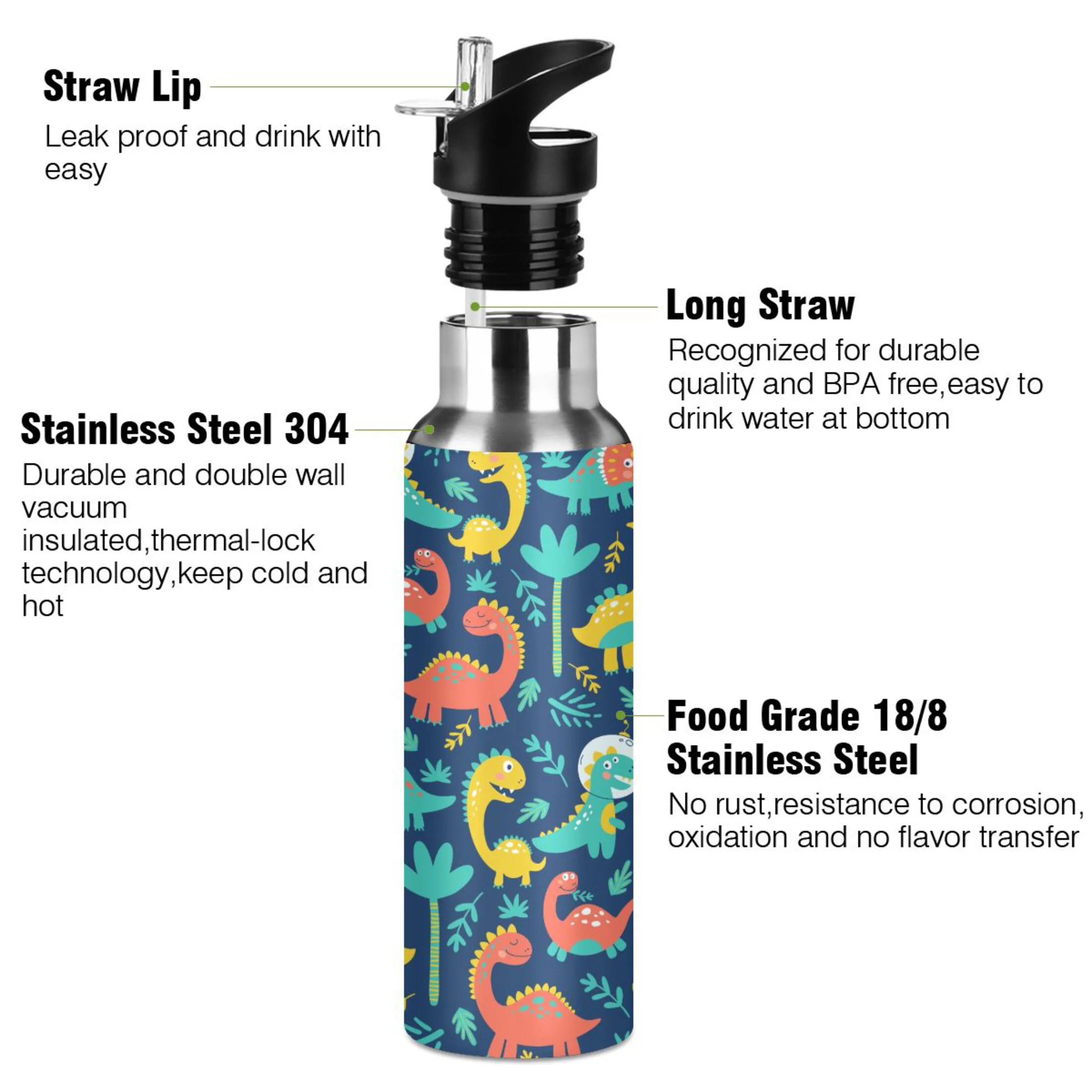 Stainless Steel Water Bottle Cute Dinosaurs with Straw Lid Vacuum Insulated Keeps Hot and Cold Leak Proof Flask Jug for Gym Travel Sports Cycling Outdoor 20 OZ
