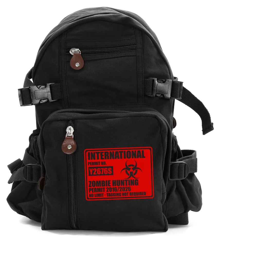 International Zombie Hunting Permit Army Sport Backpack Bag Black & Red, Small