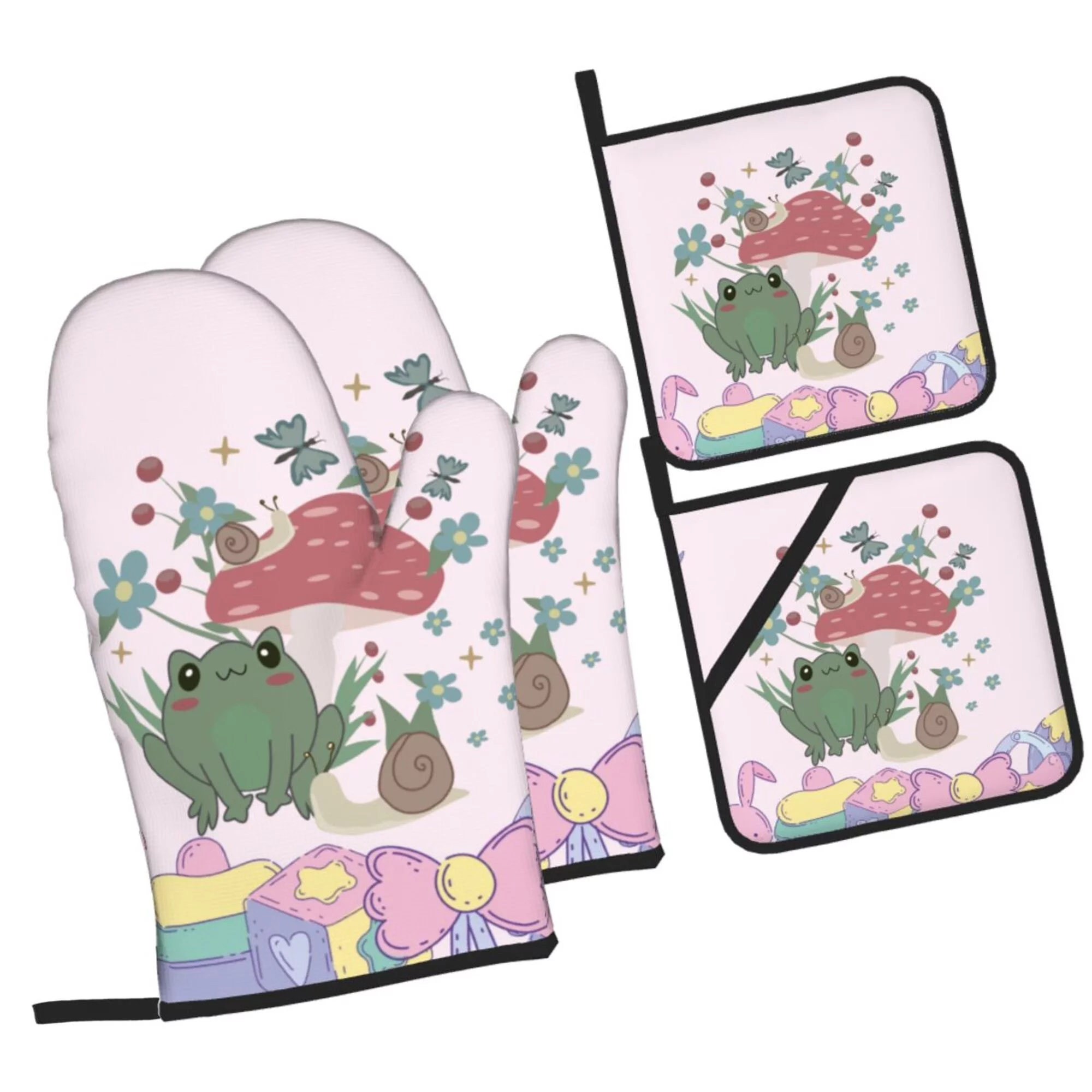 ZICANCN Oven Mitts and Pot Holders Sets,Cartoon Frog Cottagecore Mushroom Baking Sets Kitchen Heat Resistant 4 Pieces