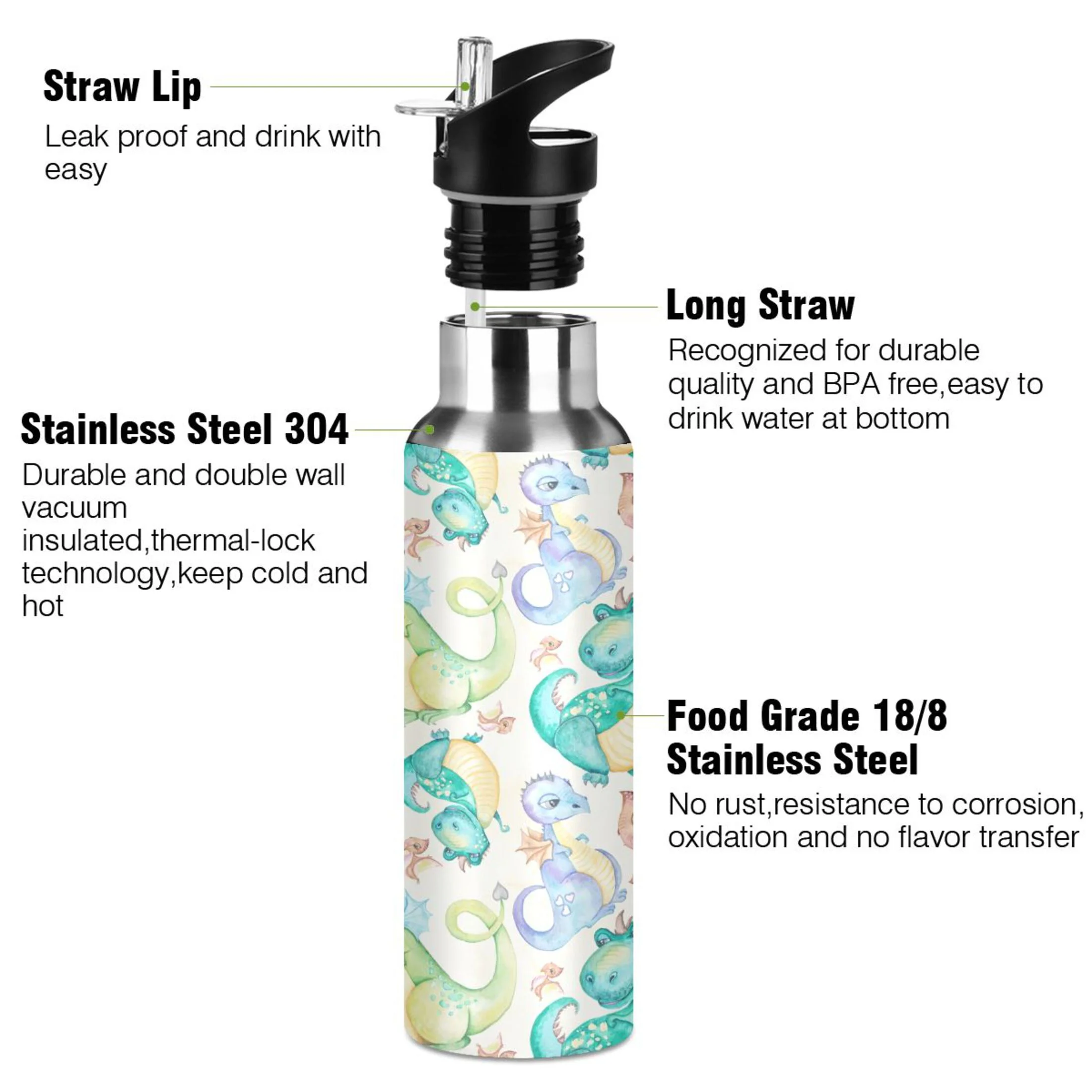 Stainless Steel Water Bottle Dinosaurs T-rexs Dragon with Straw Lid Vacuum Insulated Keeps Hot and Cold Leak Proof Flask Jug for Gym Travel Sports Cycling Outdoor 20 OZ