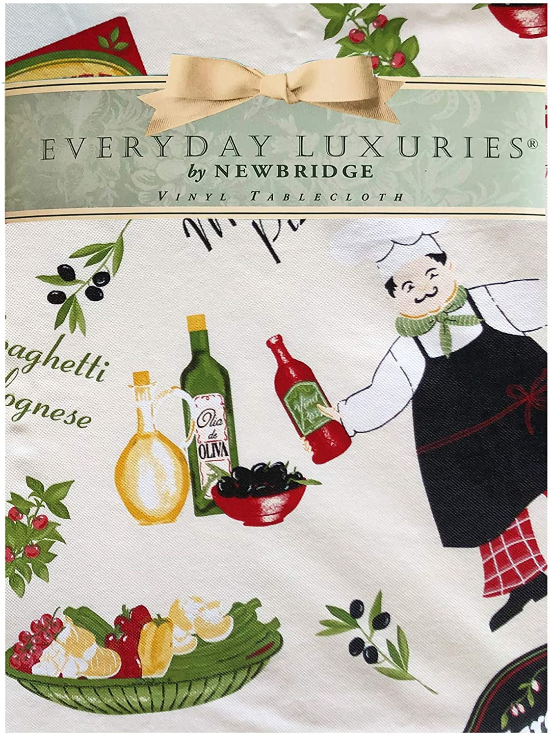 Newbridge Italian Bistro Chef Vinyl Flannel Backed Tablecloth – Novelty Chef Indoor/Outdoor Picnic, BBQ and Dining Tablecloth - 60” x 102” Oblong/Rectangle
