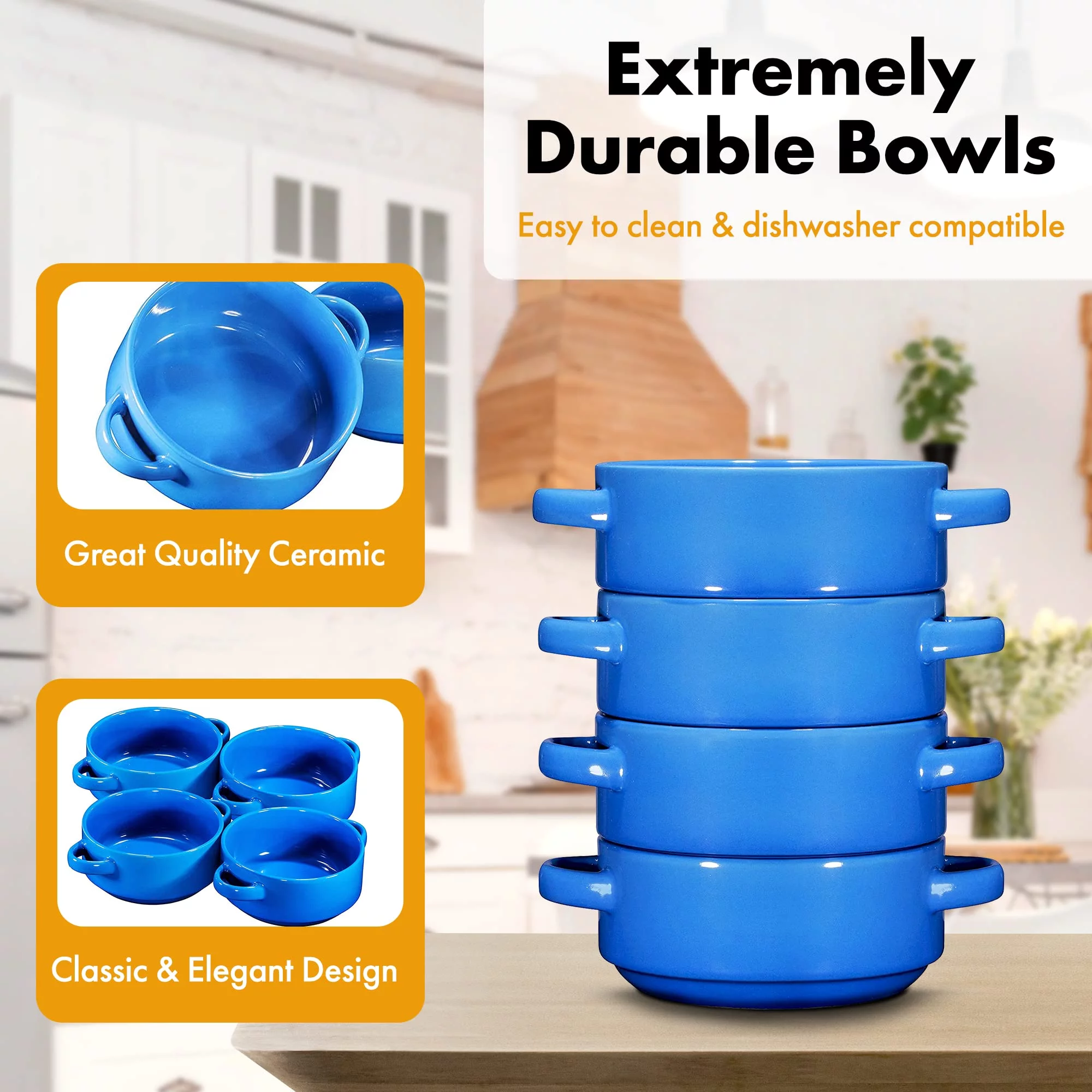 Bruntmor 19 Oz x 4 Blue Ceramic Soup Bowls With Handles