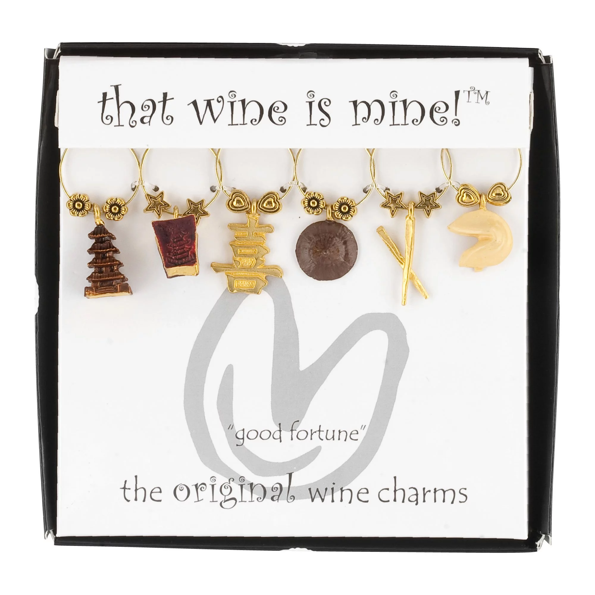 Wine Things 6-Piece Wine Charms/Wine Glass Tags/Drink Markers for Stem Glasses, Wine Tasting Party (Good Fortune)