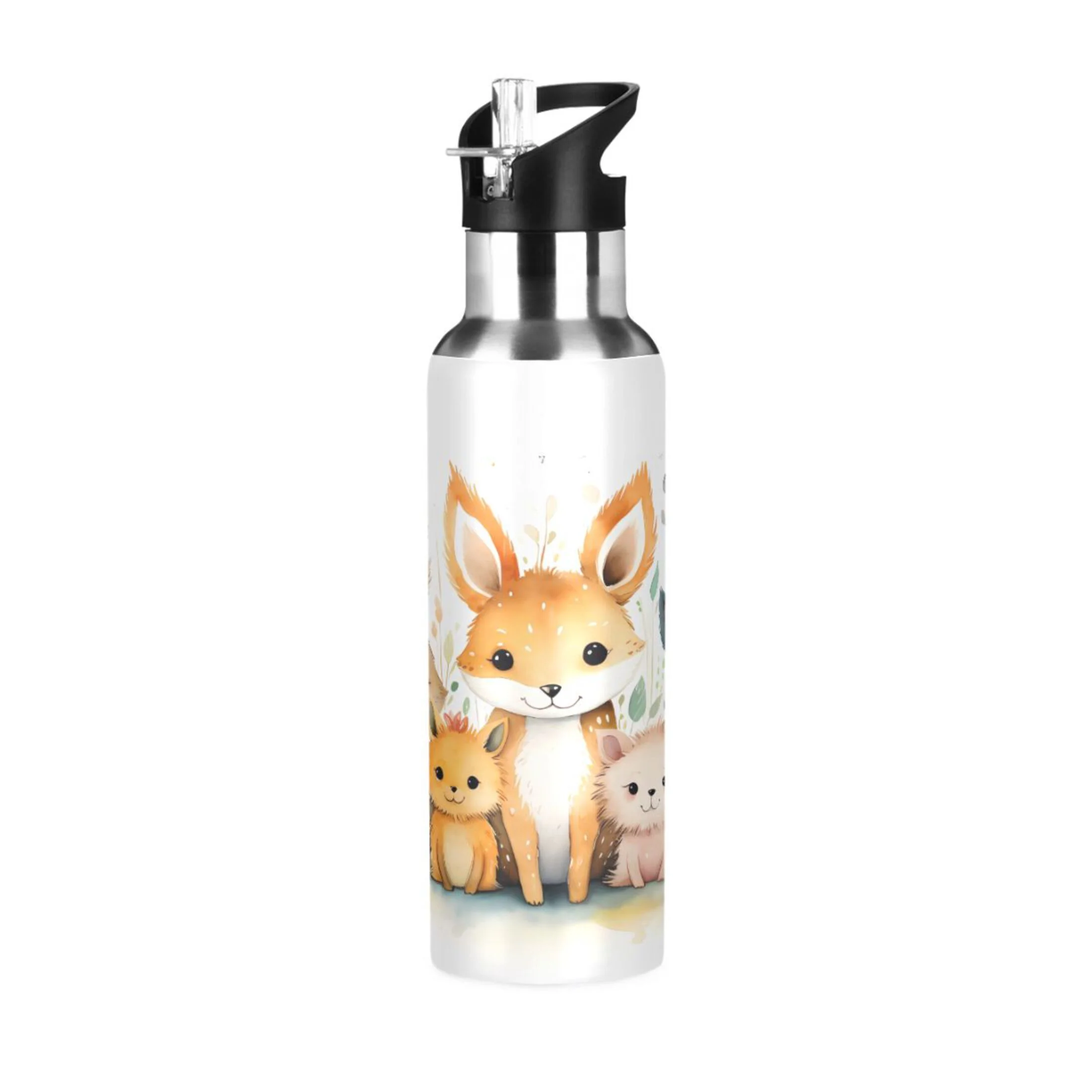 Water Bottle with Straw Lid Leak Foxes Pattern Stainless Steel Insulated Thermos Vacuum Flask for Cold Hot Drinking for Sports Camping Gym Yoga