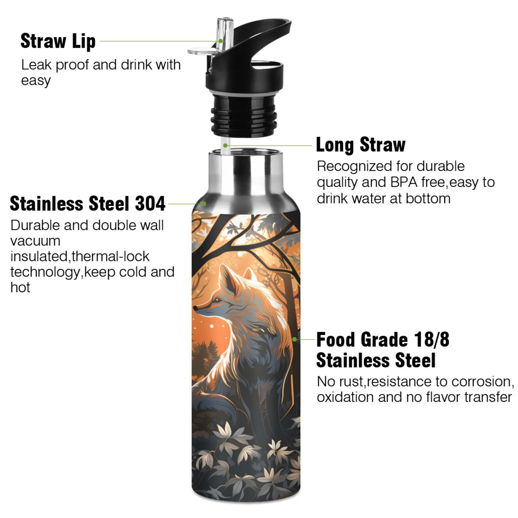 Water Bottle with Straw Lid Leak Wolf on Forest Flowers Stainless Steel Insulated Thermos Vacuum Flask for Cold Hot Drinking for Sports Camping Gym Yoga