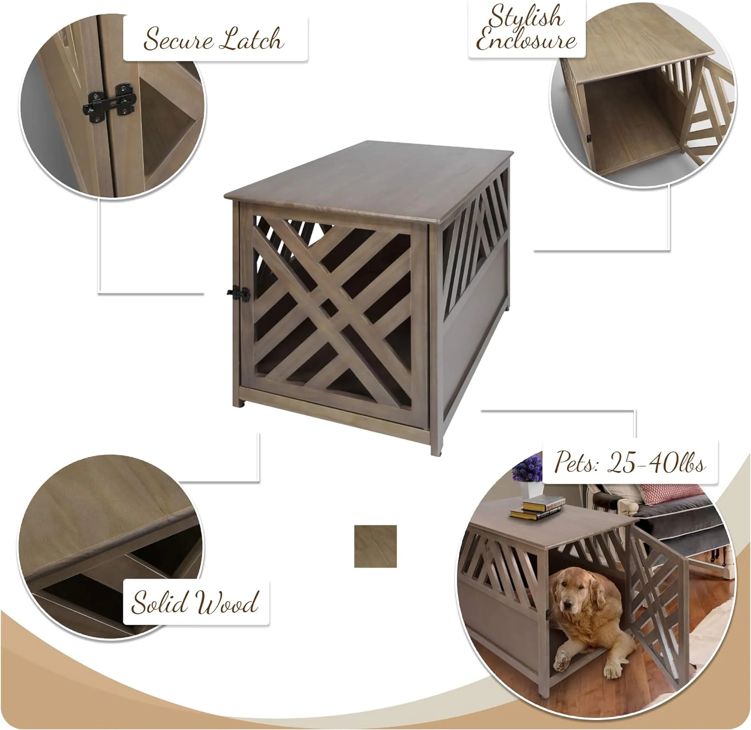 Wooden Lattice Pet Crate, End Table, Taupe Gray