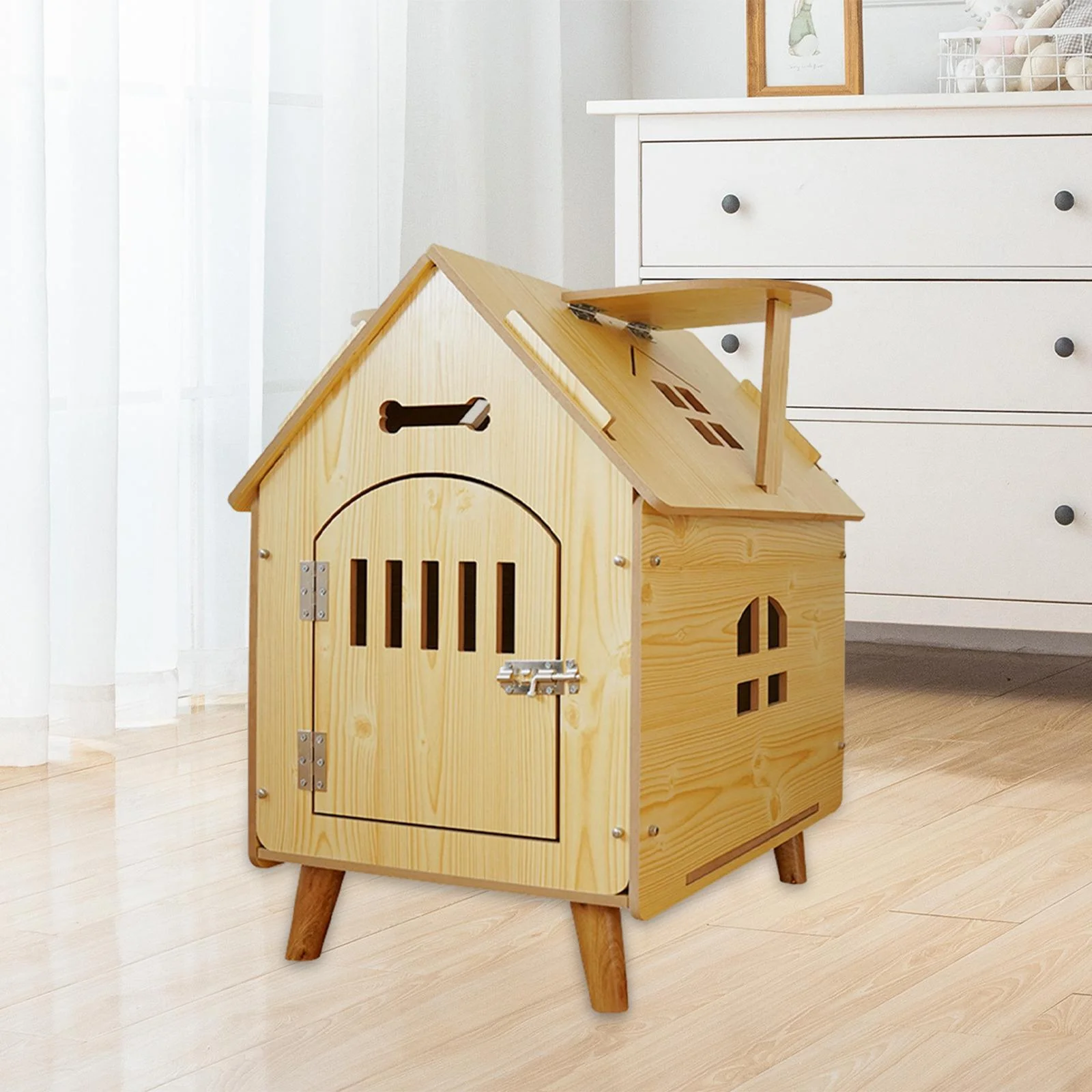 DOLITY Wooden Pet House Cat Bed Wooden Ventilation High Foot Bunny Nest Shelter with Hideout for Small Medium Dogs Puppy 51cmx37cmx52cm