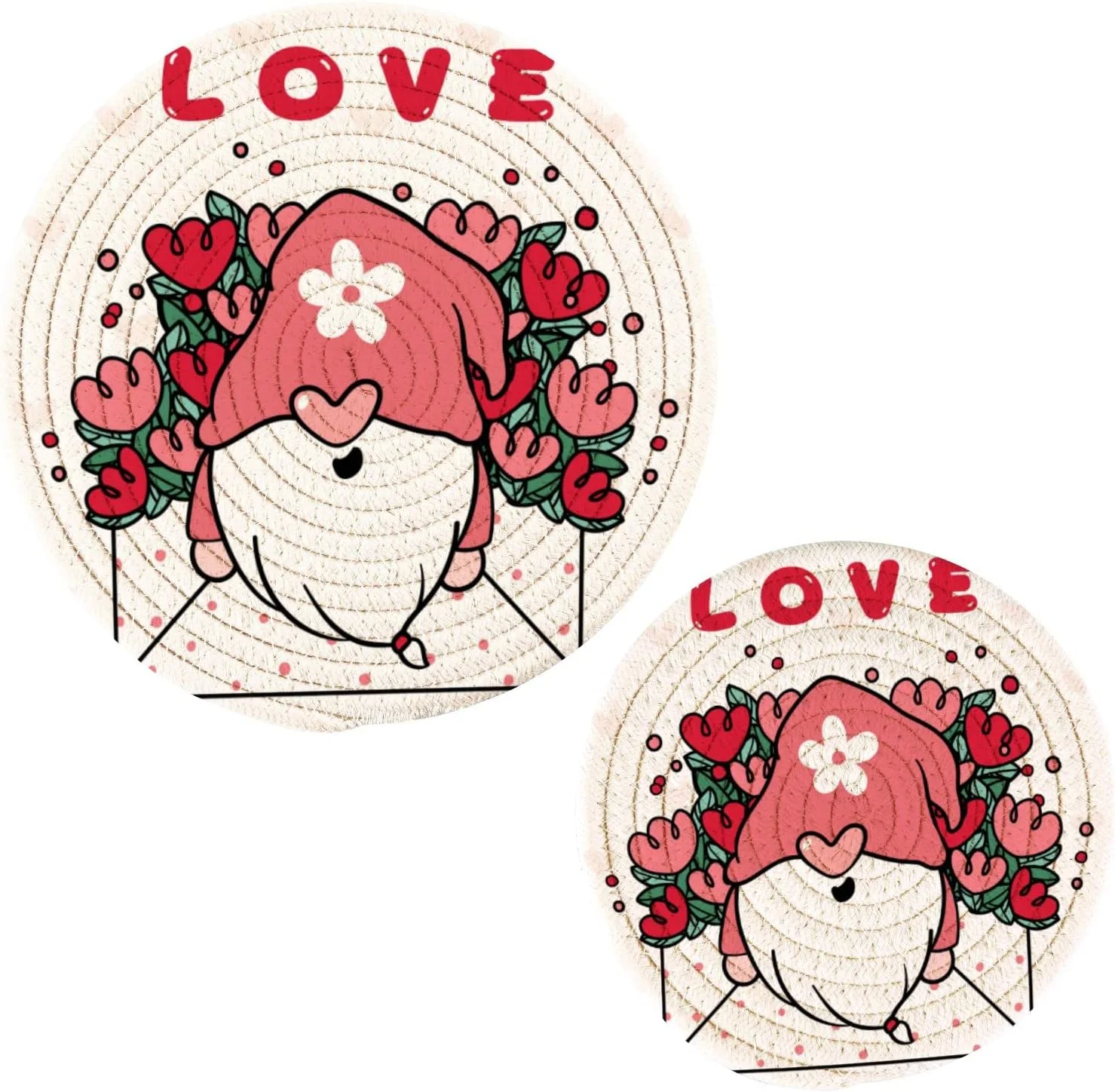 GZHJMY Valentine's Day Cute Gnome Heat Resistant Trivets Potholders 2PCS, Round Cotton Weave Handmade Pot Holder, Non-Slip Hot Mats Kitchen Dining Plate Mat36 for Kitchen Pans Bowl Teapot