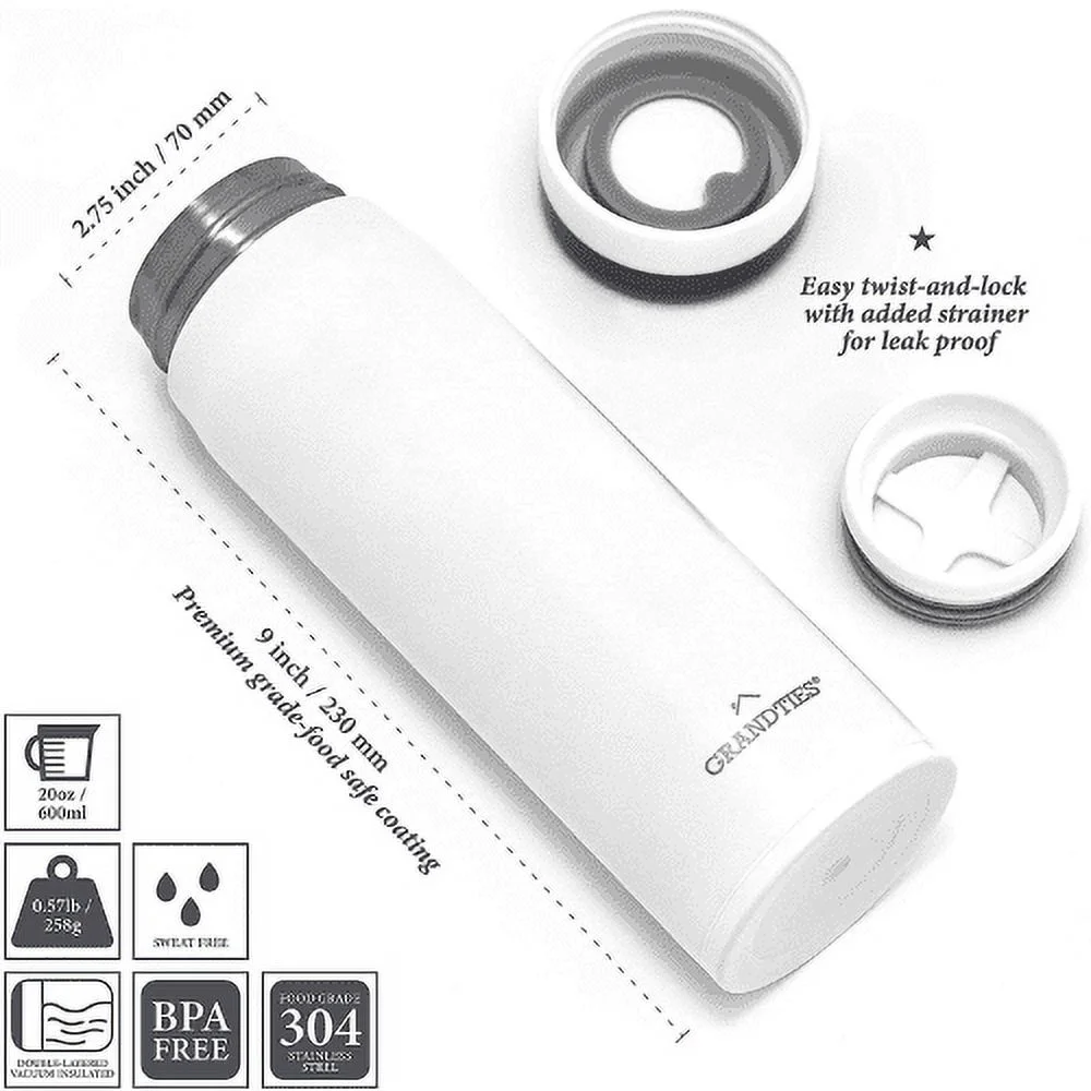 GrandTies 20oz Travel Water Bottle - White