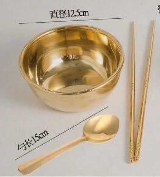 99.9% Pure Brass Bowl Chopsticks Spoon Set, Brass Bowl Diameter-4.9 inches Heigth 2 inches, Chopsticks9.6 inches, Spoon 5.9 inches