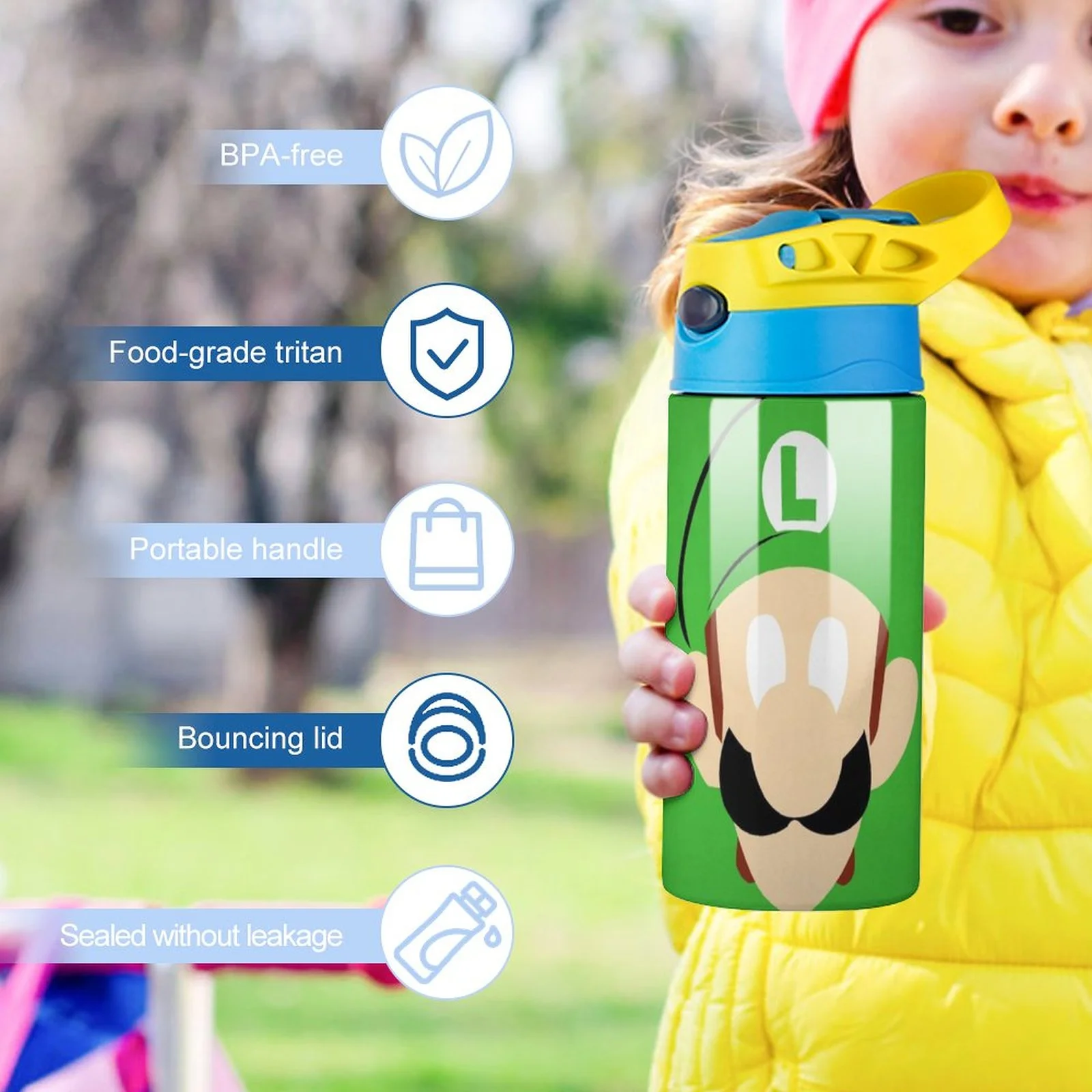 Luigi's Mansion Cartoon Kid's Insulated Water Bottle With Straw Vacuum Stainless Steel Cup Leak-Proof Children Toddler Thermoses