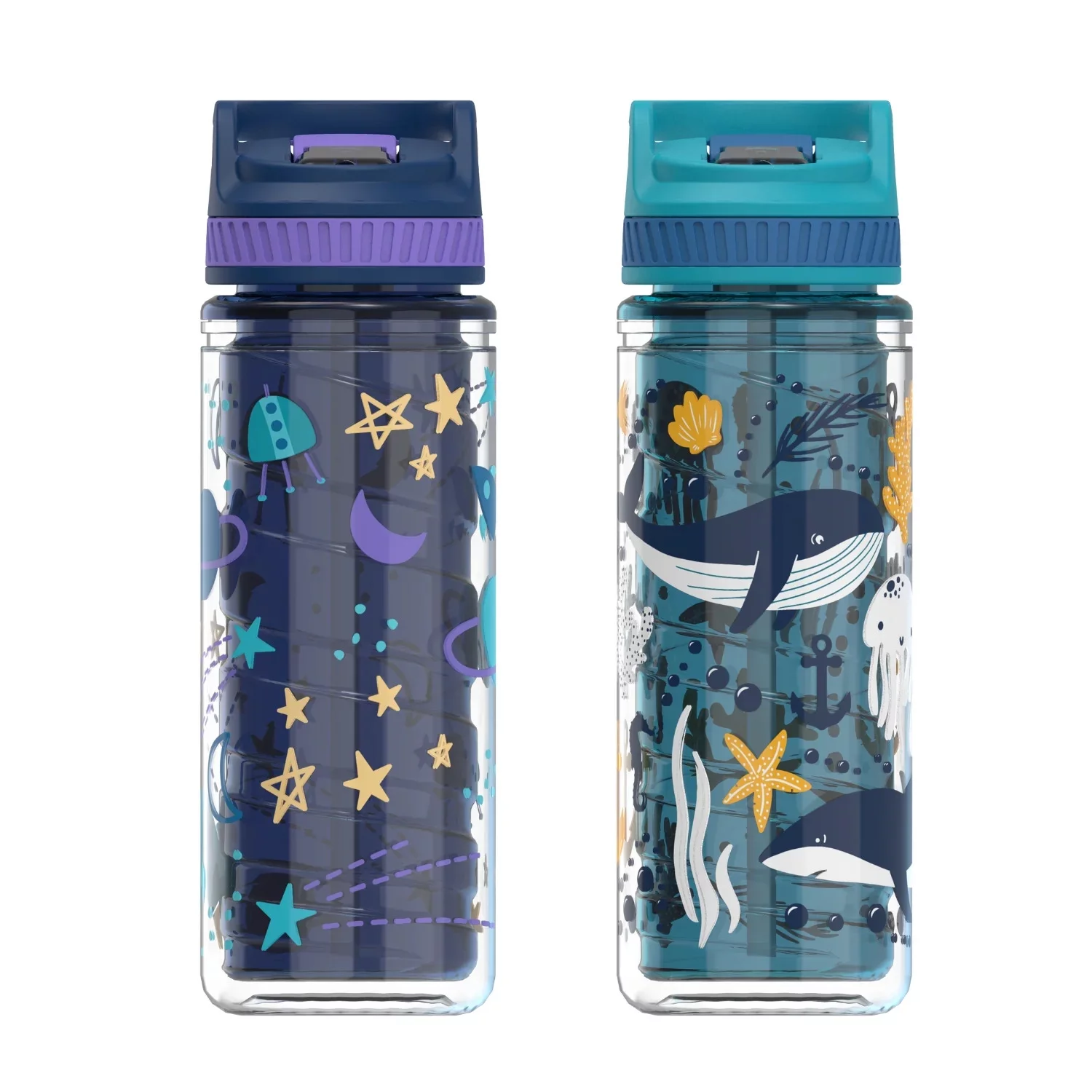 Cool Gear 2-Pack 16 oz Kid's Twist Water Bottle with Double Wall, Sipper Lid and Finger Loop Cap with Printed Design | Great for School, Sports, Outdoors, and More - Cellestial/ Sea Life