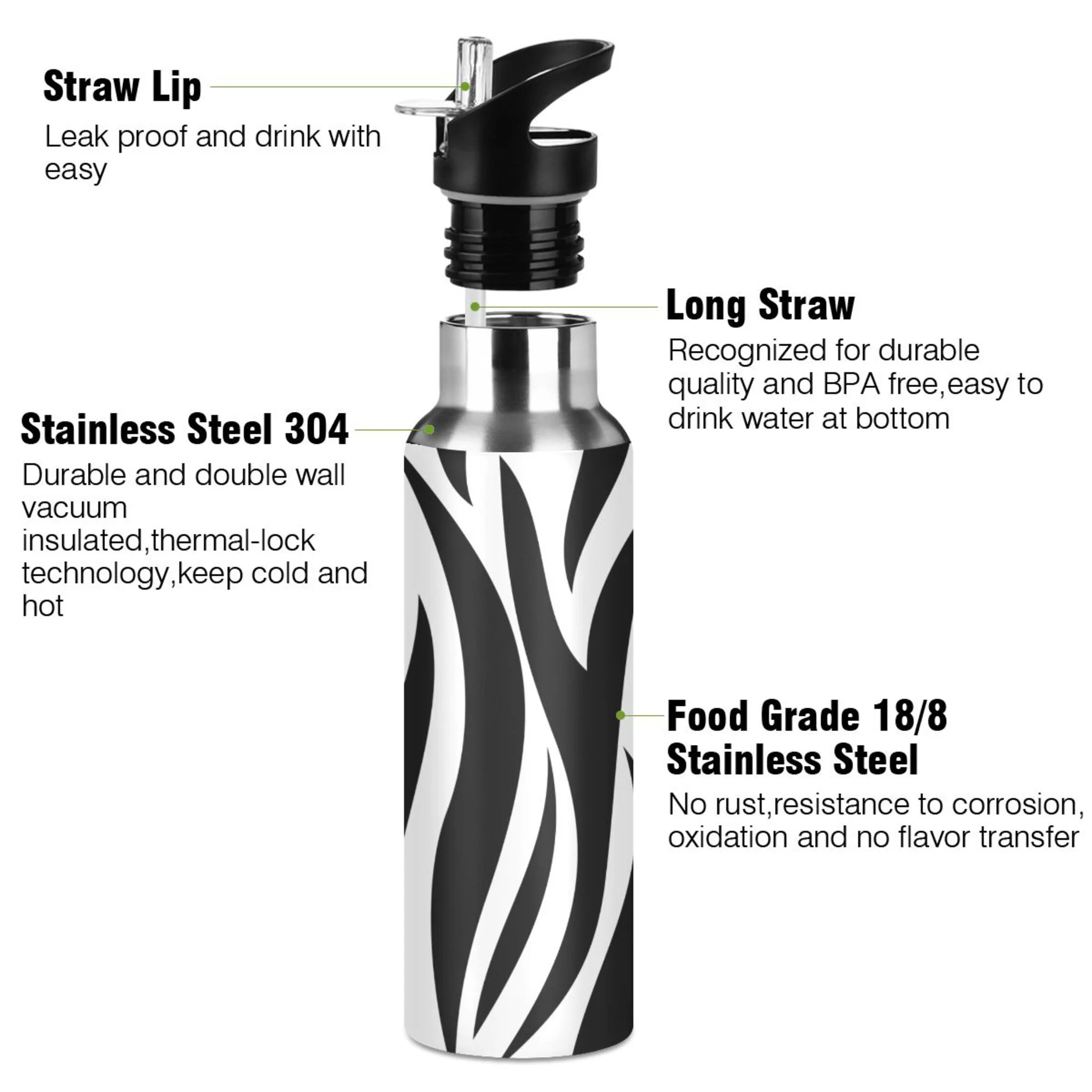 Stainless Steel Water Bottle Black and White Stripes with Straw Lid Vacuum Insulated Leak Proof Flask Jug for Gym Travel Sports Cycling Outdoor 20 OZ