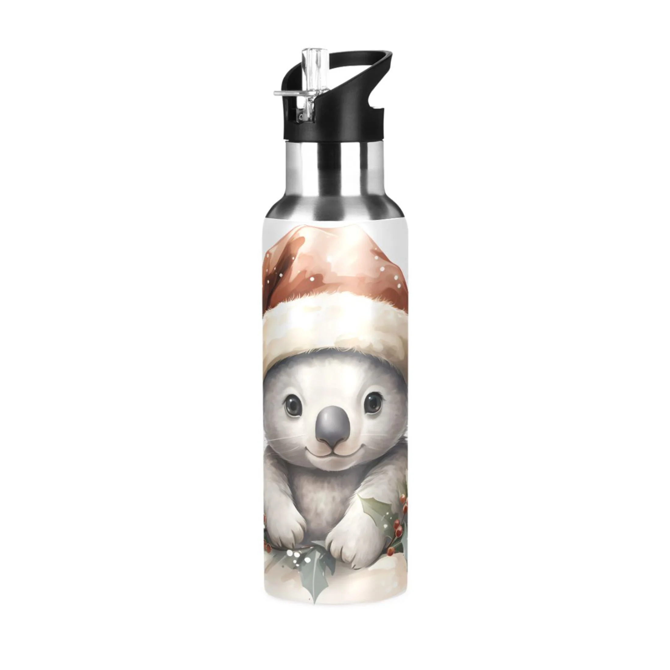 Water Bottle with Straw Lid Leak Cute Bear in Christmas Hats Stainless Steel Insulated Thermos Vacuum Flask for Cold Hot Drinking for Sports Camping Gym Yoga