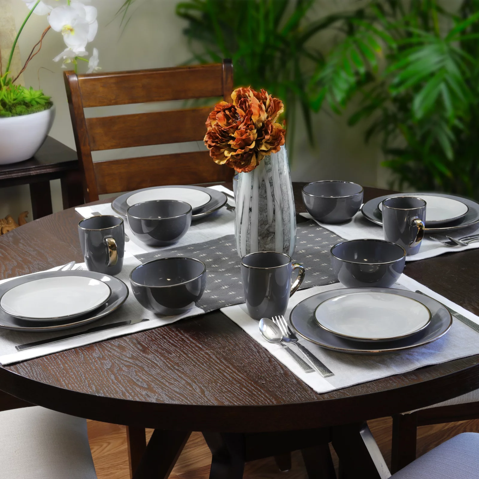 Elama Tahitian Grand 16 Pieces Luxurious Dinnerware Set in Stone, Slate
