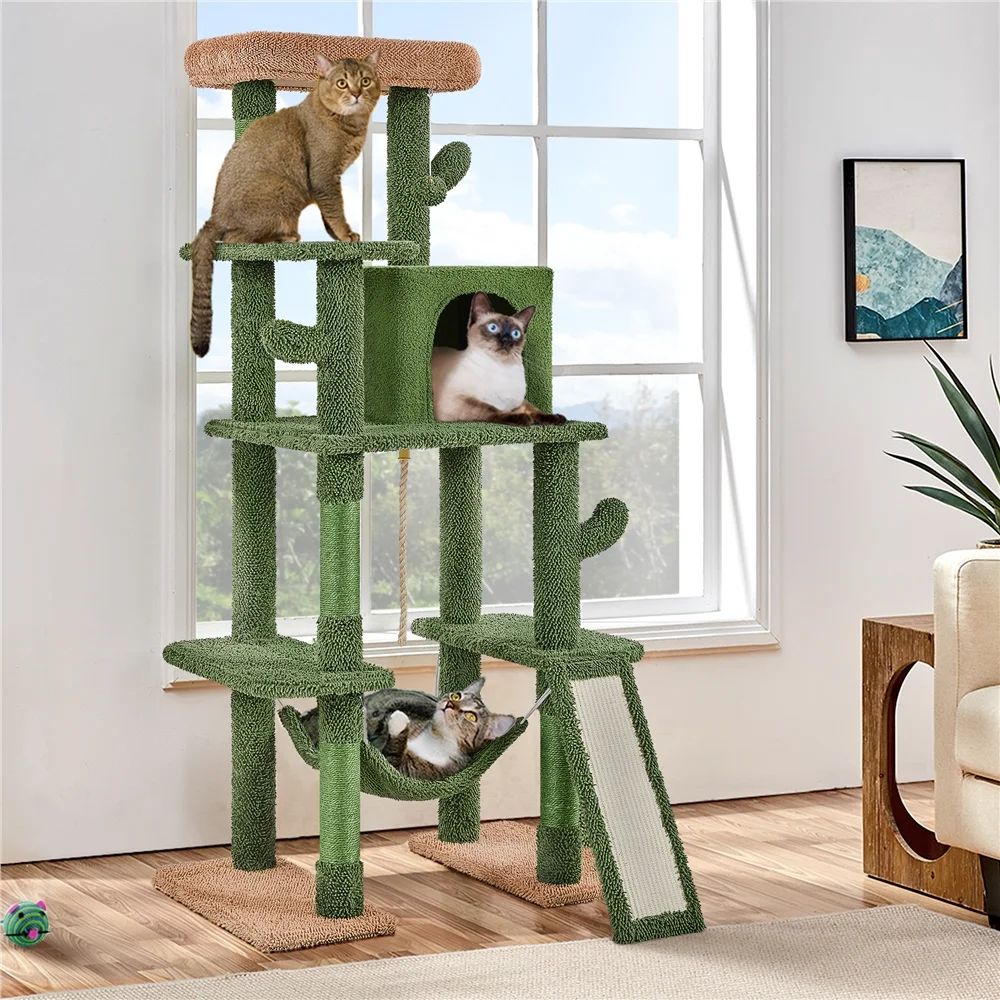 Alden Design 63″ H Multi-Level Cactus Cat Tree with Natural Sisal for Small/Medium Cats, Green/Brown