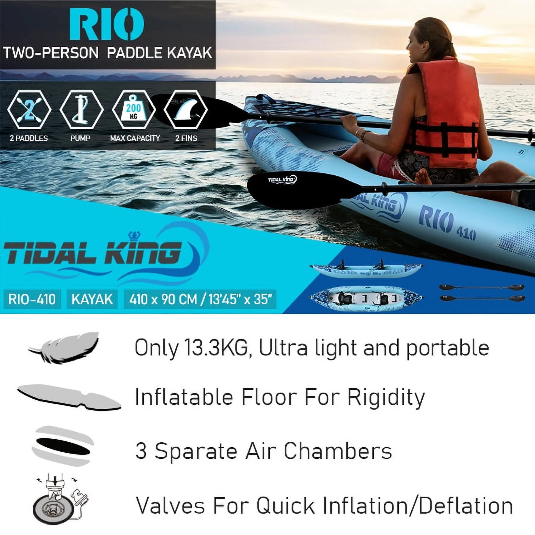 Tidal King Premium 2 Person Inflatable Kayak with 2x Kayak Paddles, 2x Seats, Pump, Backpack, 20L Dry Bag, Waterproof Phone case - 2 Years Warranty (Rio 410)