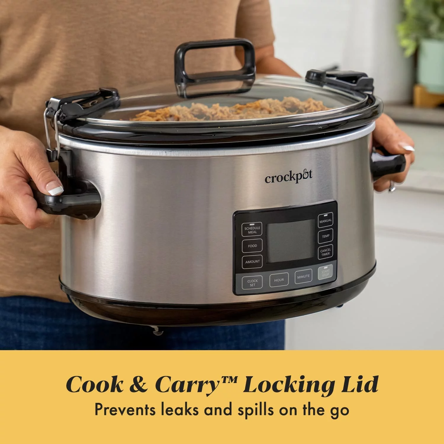 YONG 7 Quart Portable Programmable Slow Cooker with Timer and Locking Lid, Stainless Steel