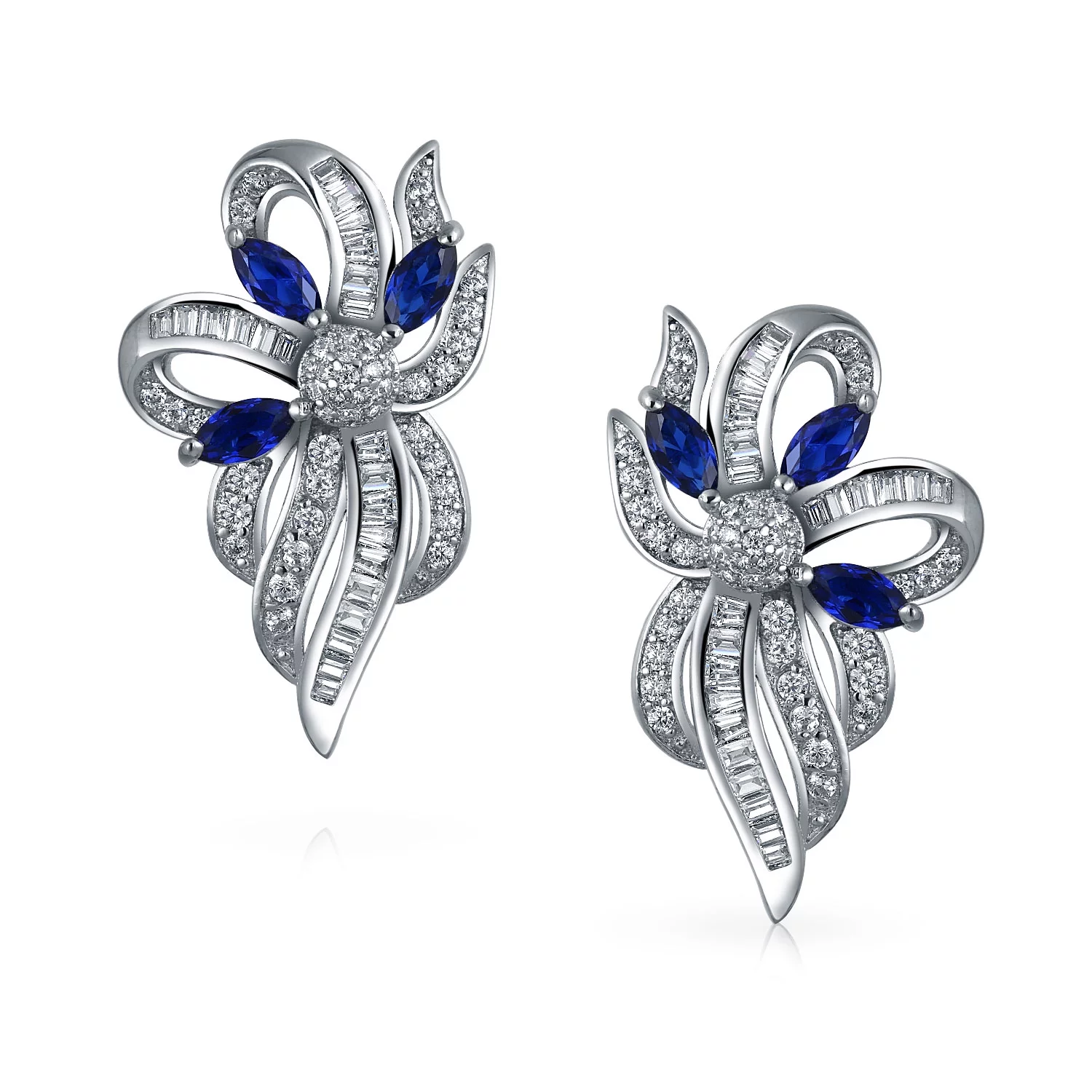 Bling Jewelry Blue White Ribbon Bow Drop Stud Earrings Crystal CZ Silver Plated